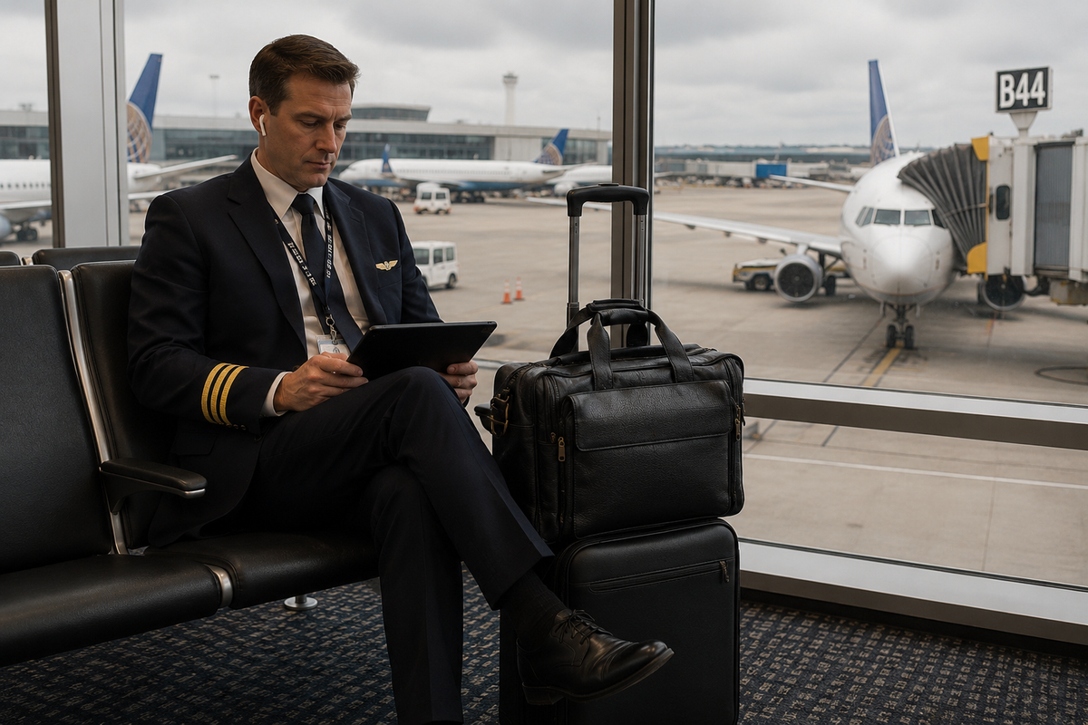 Airline pilot reviewing EFB flight plan at the gate with leather pilot bag on rollaboard
