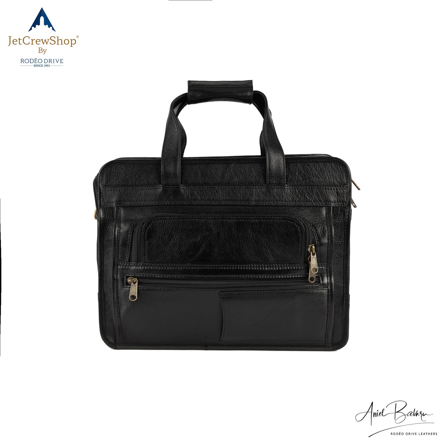 FRONT VIEW OF BLACK LEATHER BAG