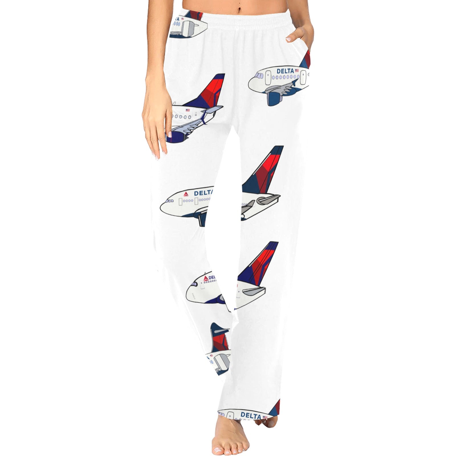 Image displays front view of a human wearing white pants with Delta airplane design