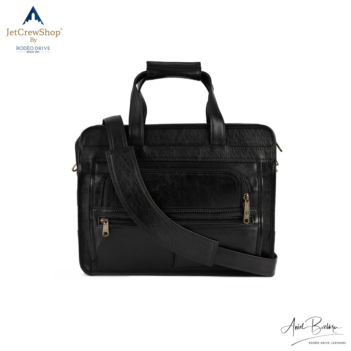 FRONT VIEW OF BLACK LEATHER BAG