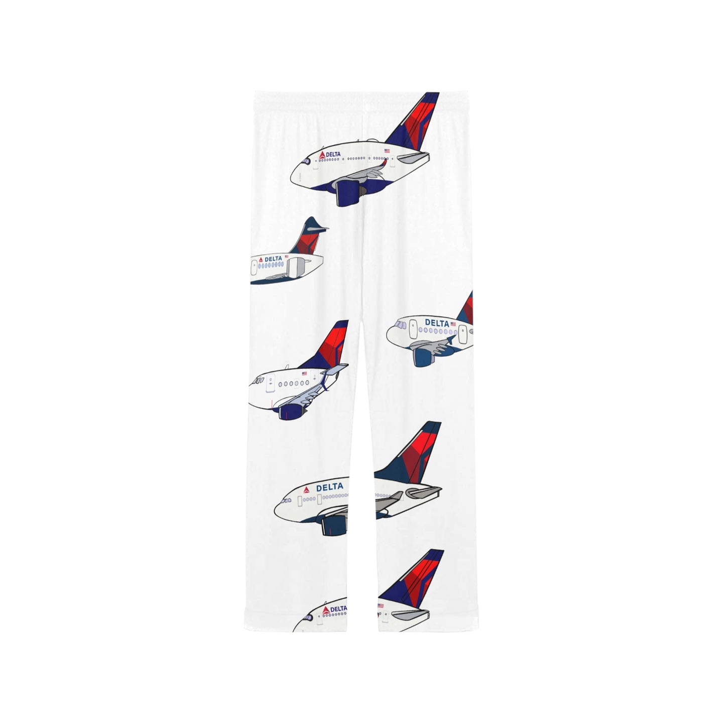 Image displays white pants with Delta airplane design