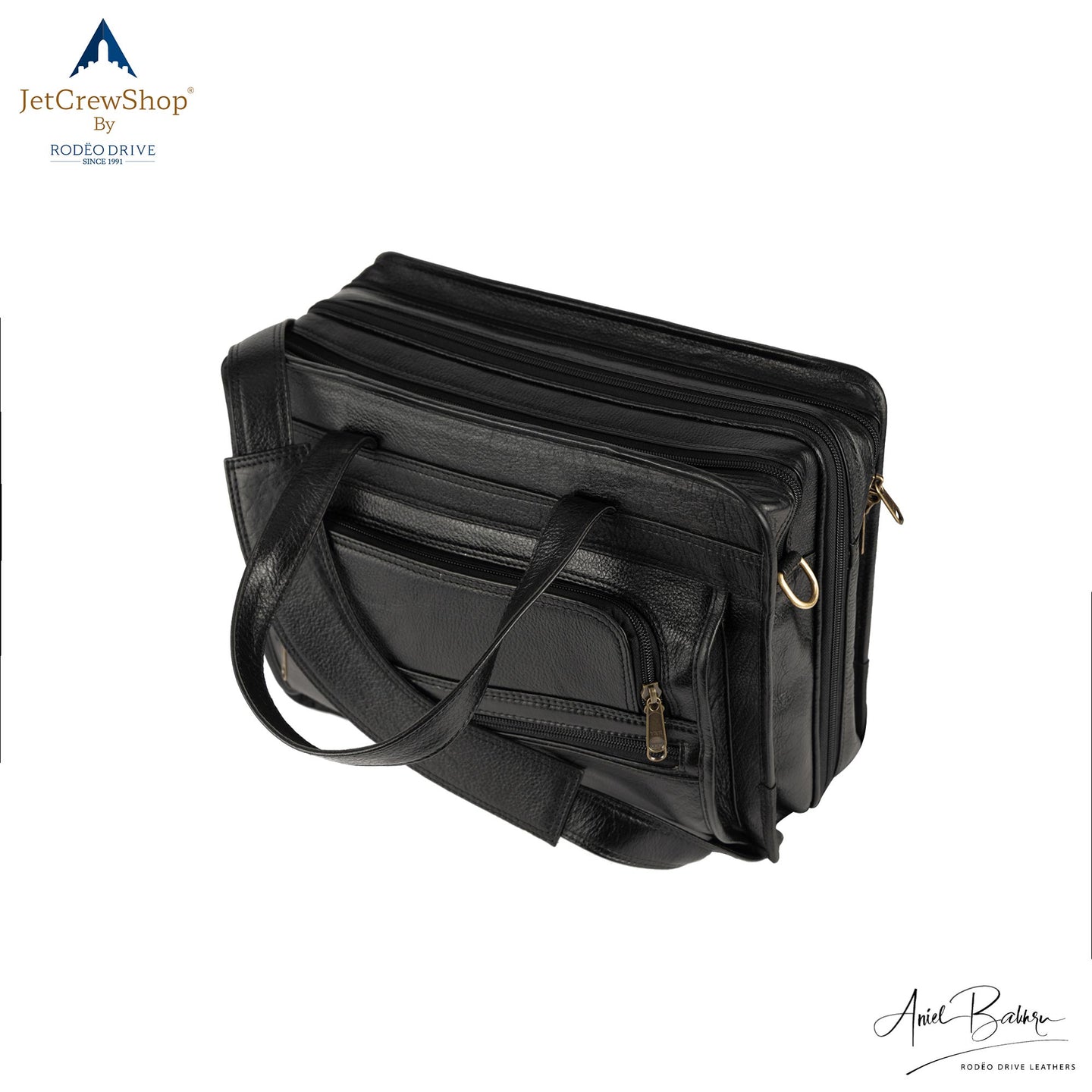 SIDE VIEW OF BLACK LEATHER BAG