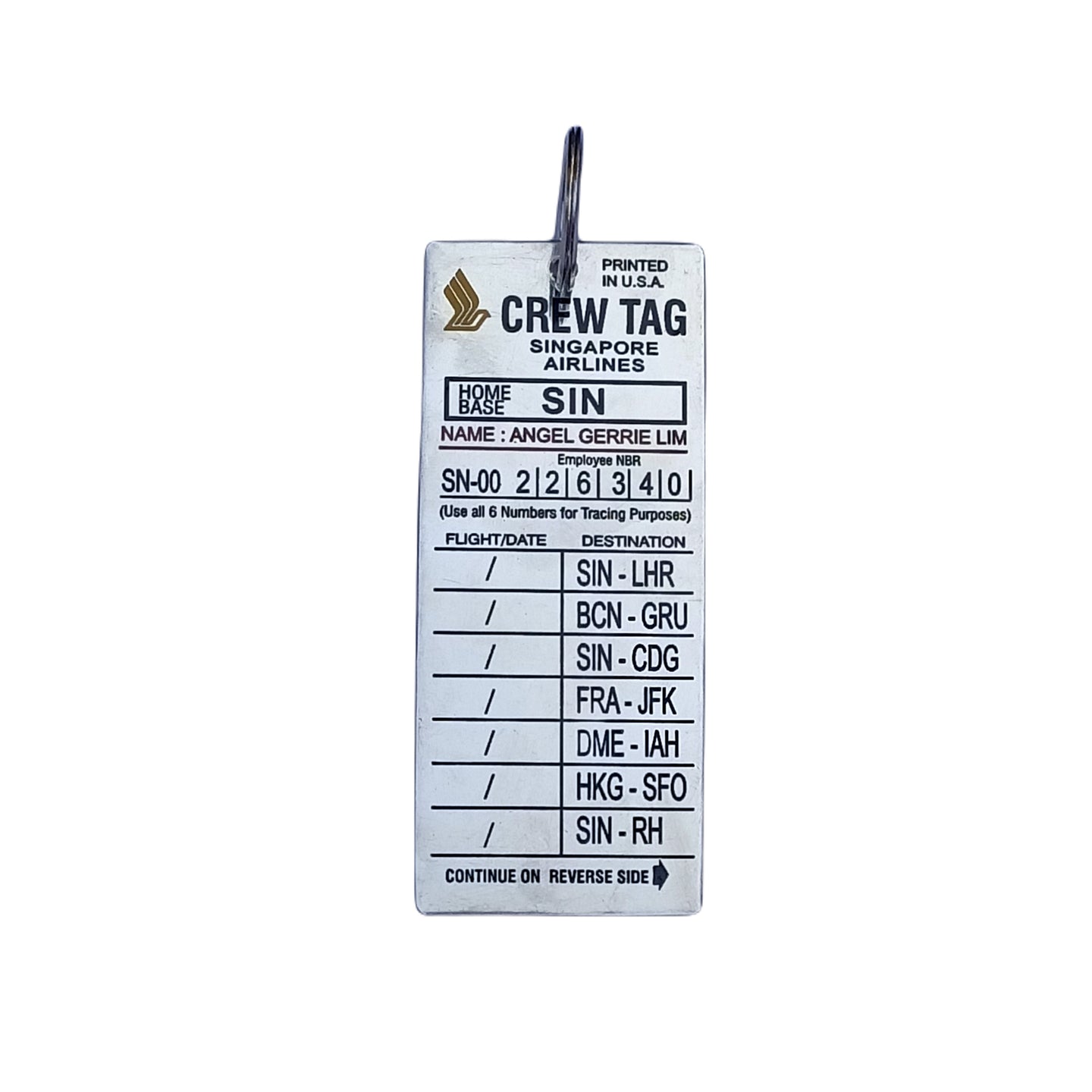 CREW TAG SINGAPORE AIRLINES BRASS TAG RECTANGLE SILVER