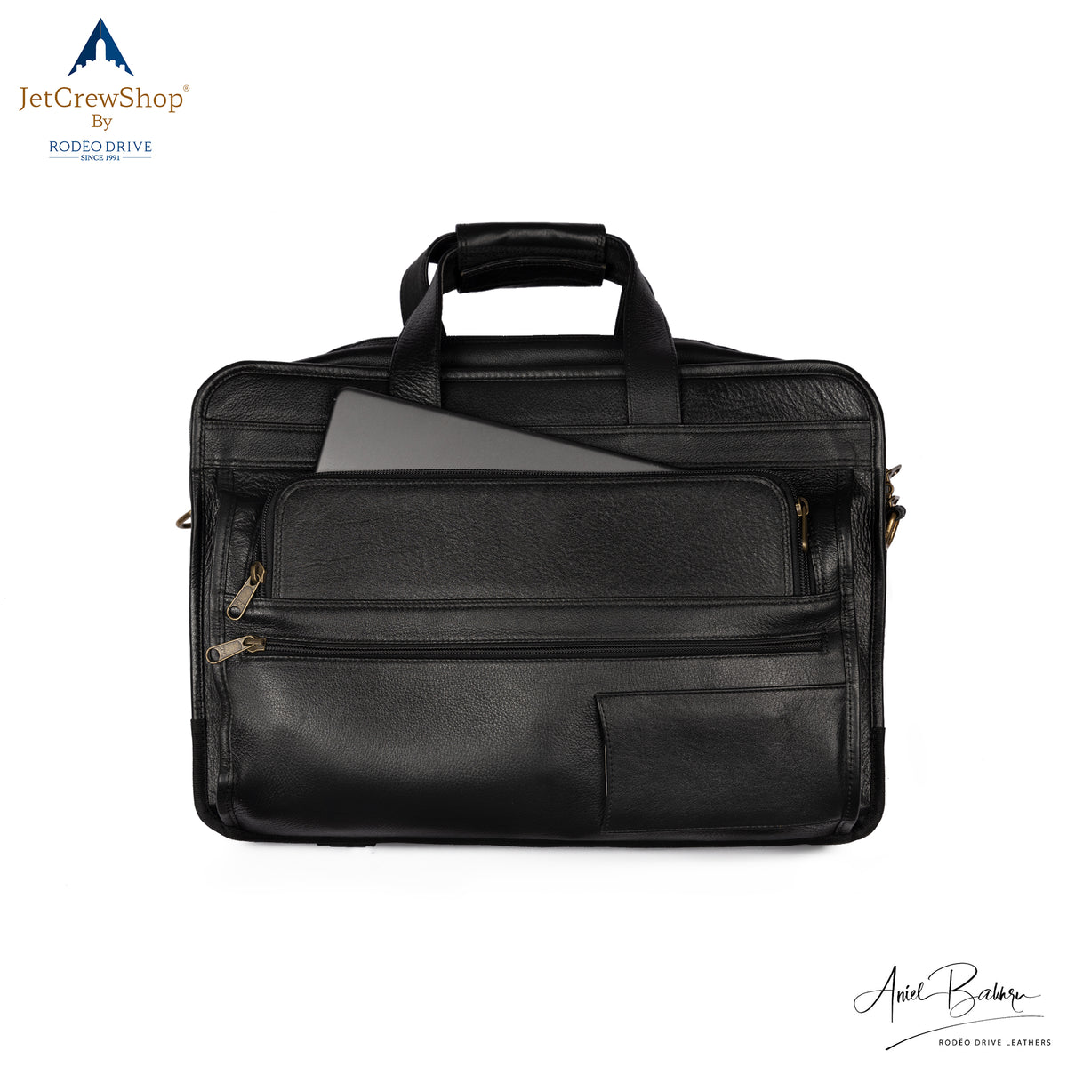front view of  Black PAPERLESS AIRSIDE PILOT BAG.  It showcases Front compartments . You can insert  Labtop in Front compartment.