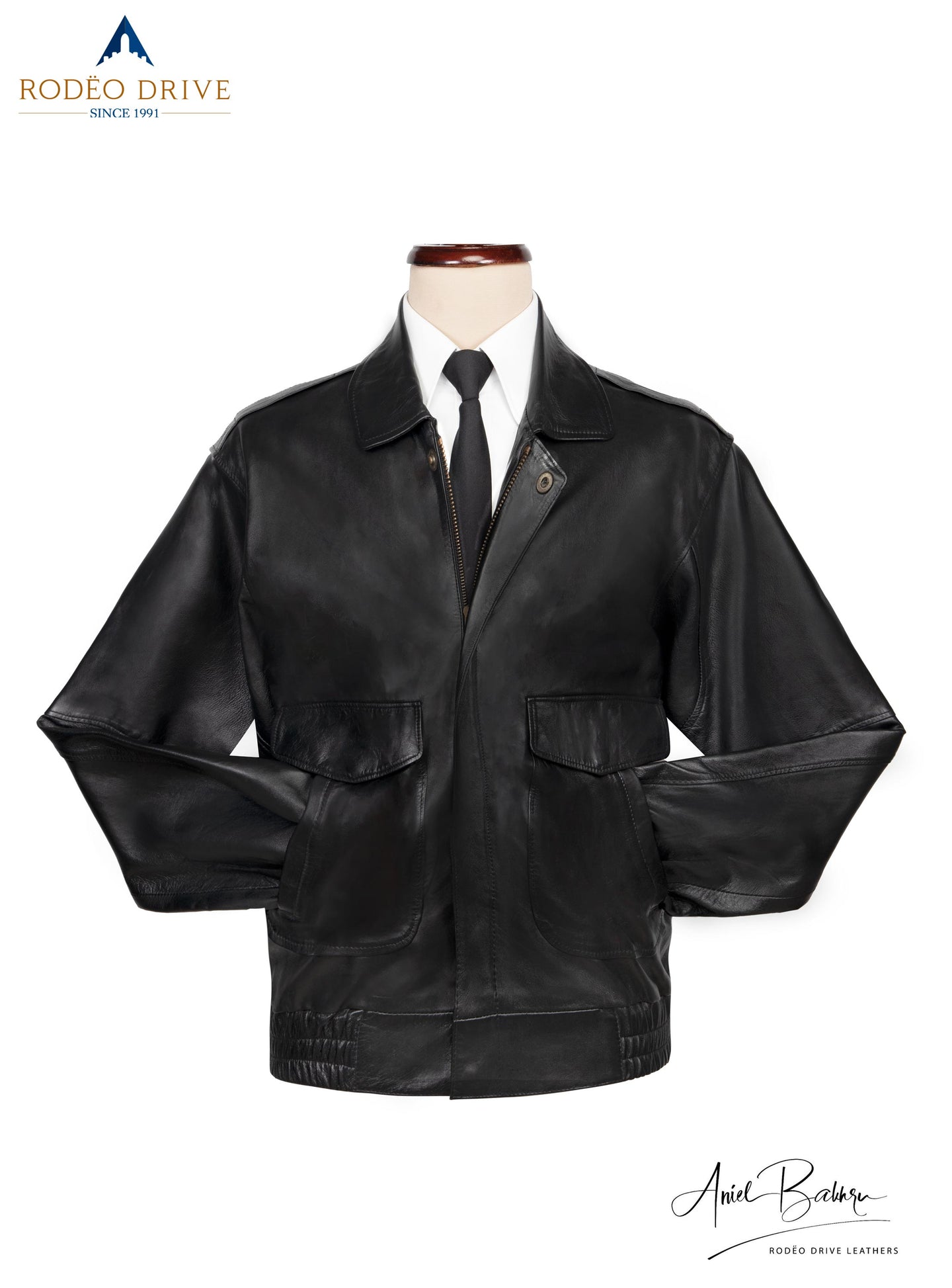 image of ARMY HELICOPTER BOMBER JACKET on a mannequin. A white shirt is tucked in. A neck tie is visible.