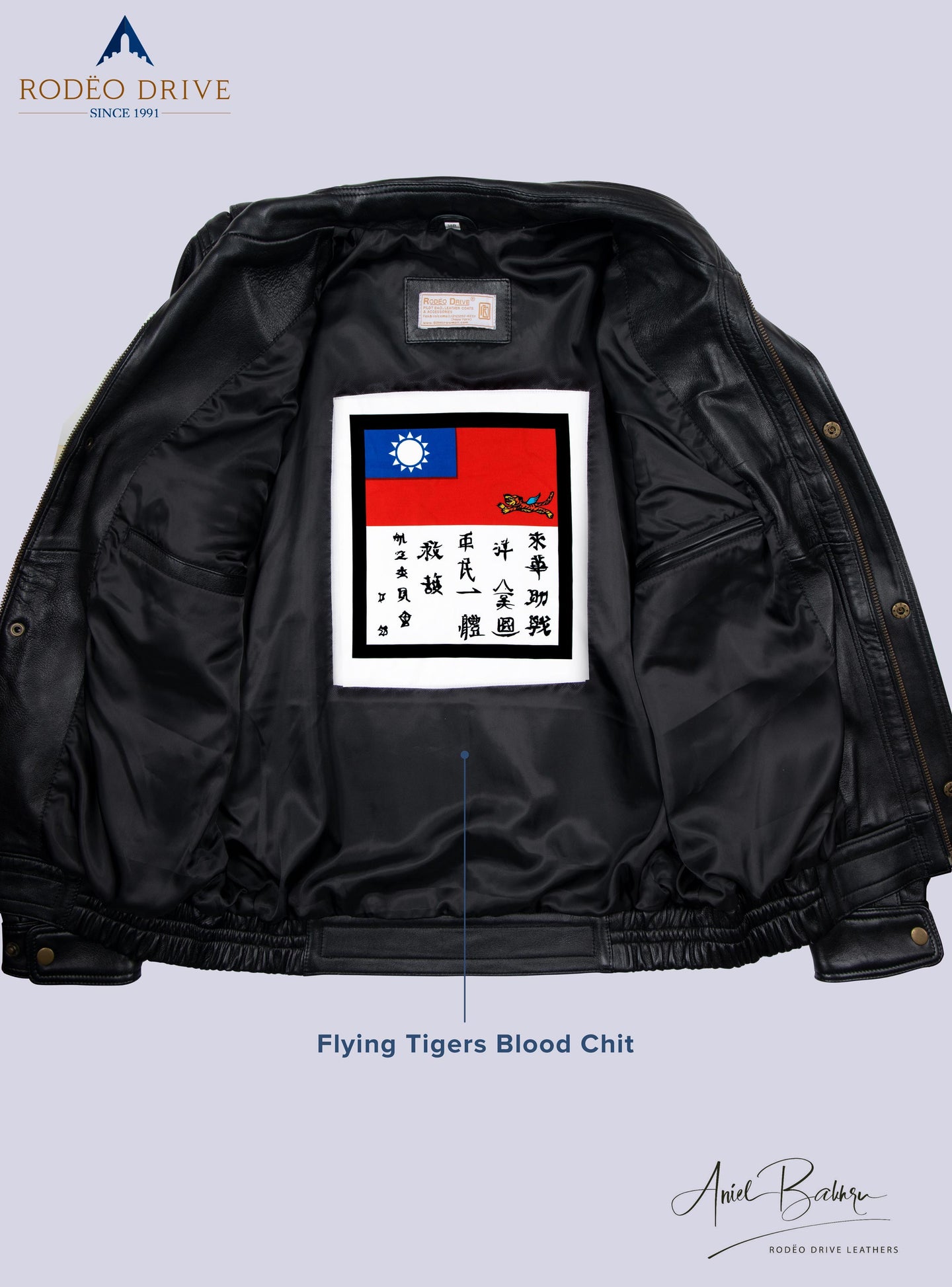 Image of inside part of Bomber Short jacket, A Flying Tigers Blood Chiti sewed inside.
