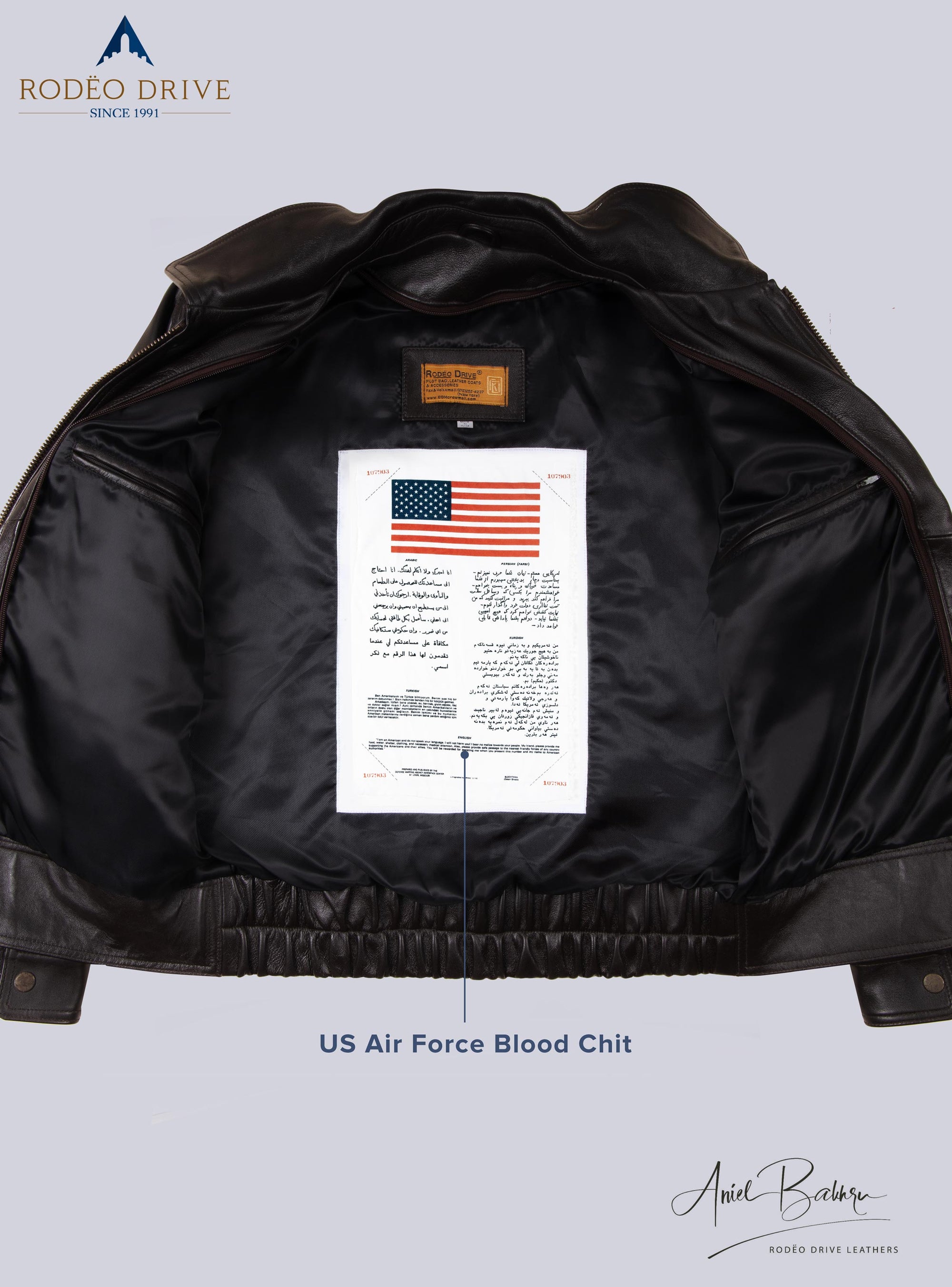 Inside image of BROWN UNIFORM LEATHER JACKET for MEN. US Air force Blood chit is sewed inside.