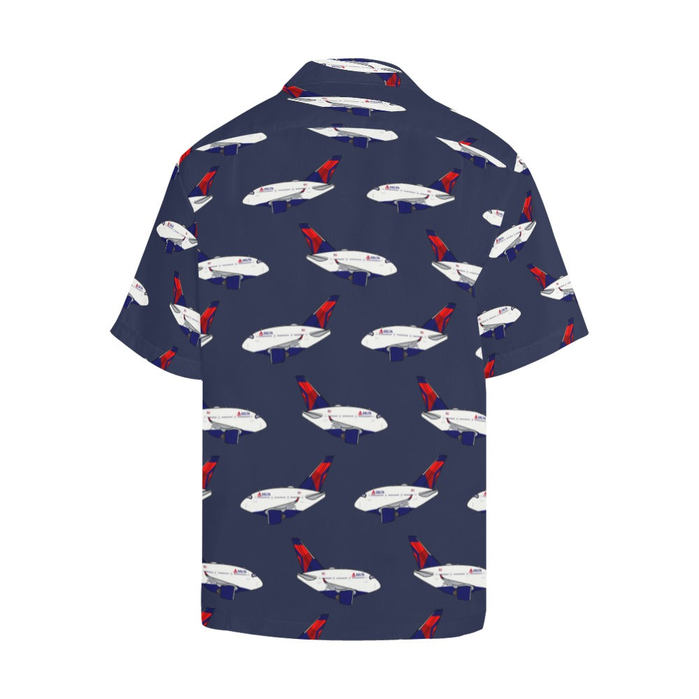 Rear view of Navy blue Hawaiin shirt