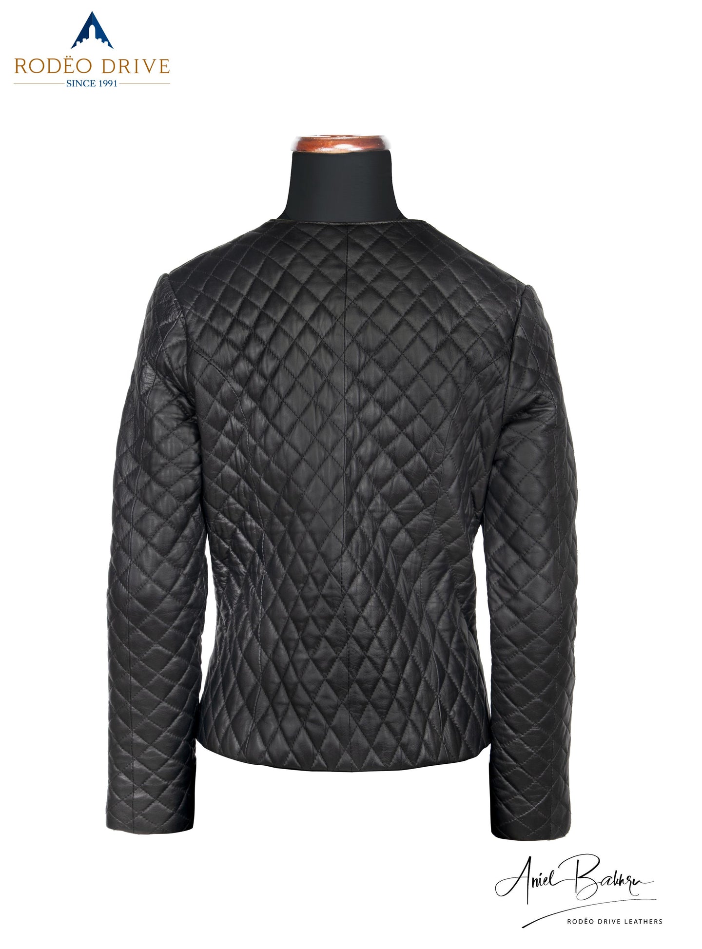 Back side image of black CHANNEL DIAMOND STITCH JACKET on mannequin
