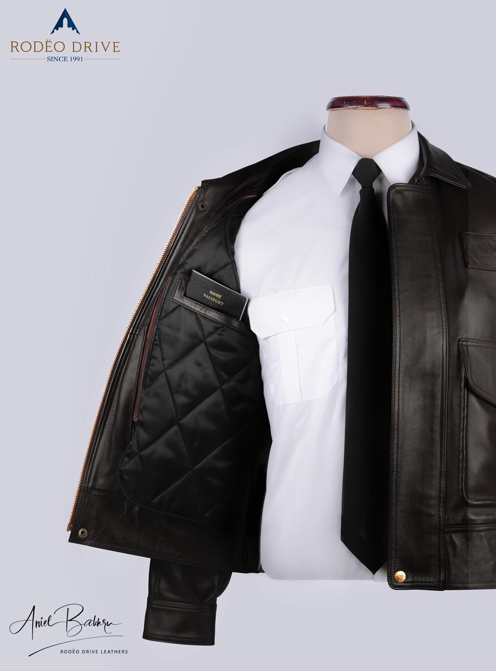Inside pocket image of BROWN UNIFORM LEATHER JACKET. Convenient for carrying passport.