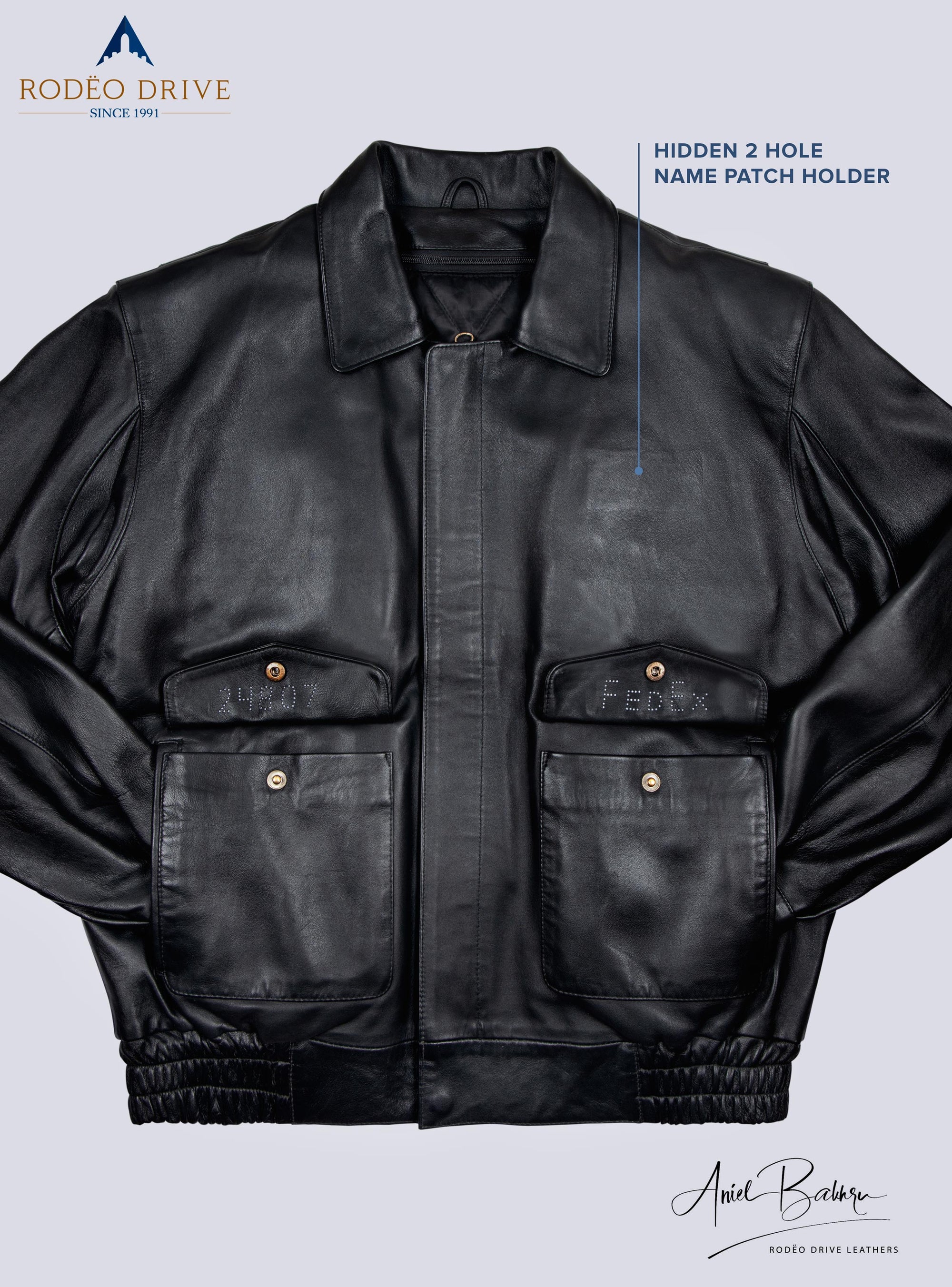 Front complete view of FedEx UNIFORM LEATHER JACKET for MEN. Both hands of jacket are tucked inside slit pockets