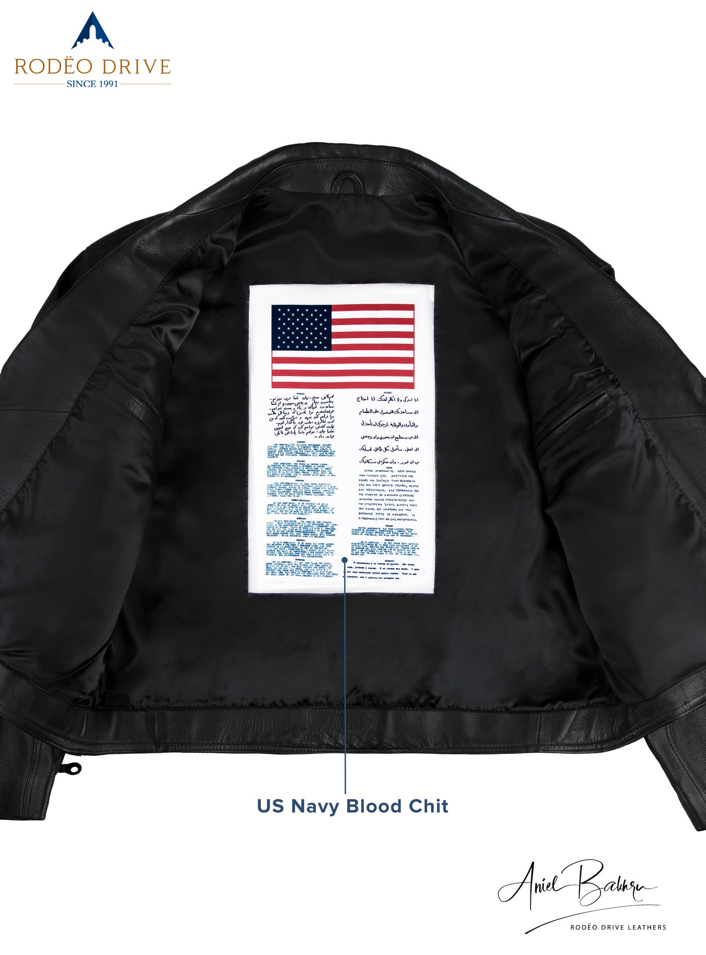Inside image of open HARLEY JACKET. US Navy Blood chit is sewed inside the jacket.