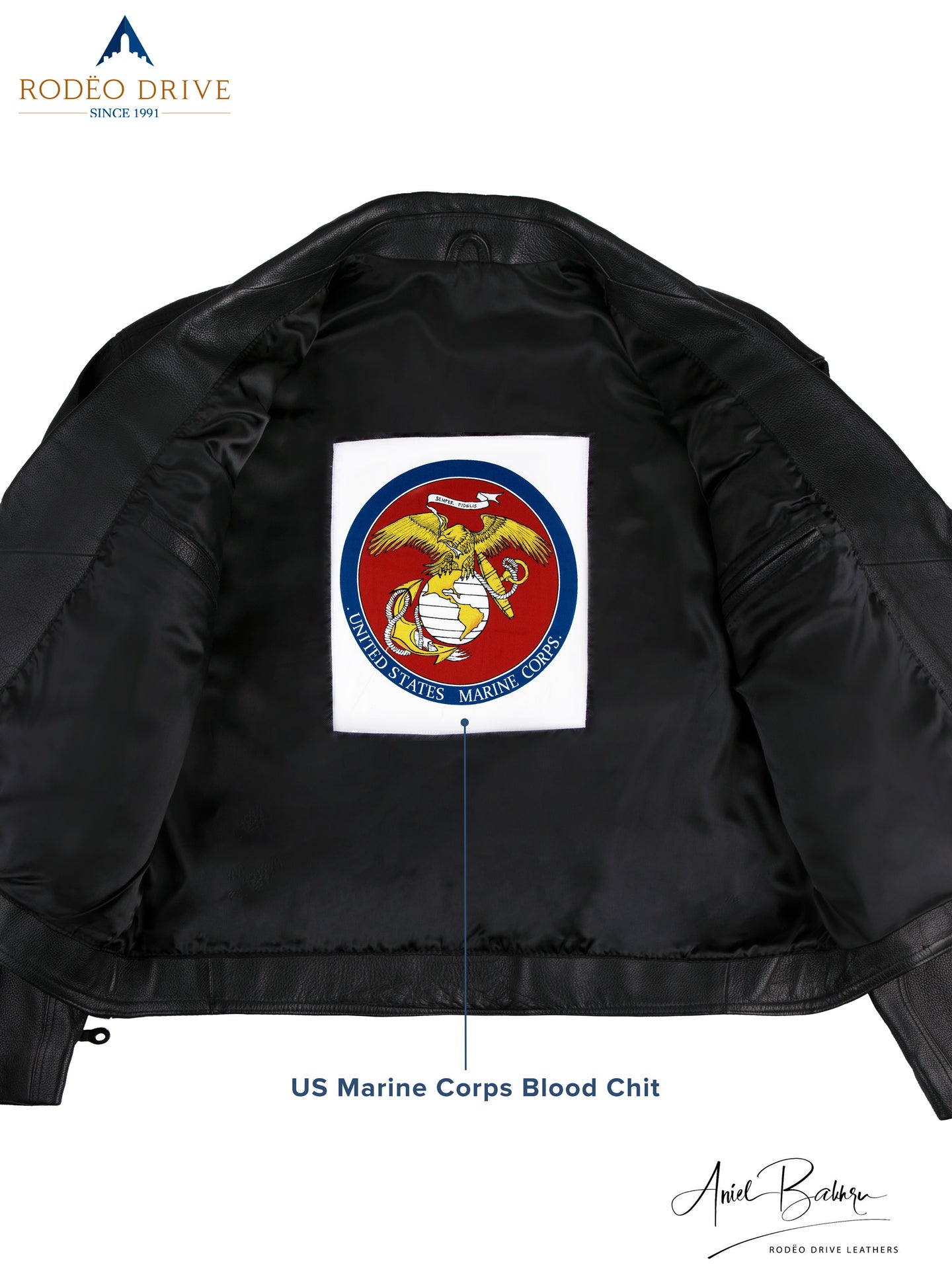 Inside image of open HARLEY JACKET. US marine Corps blood chit is sewed inside it. Blood chit is sewed inside the jacket.