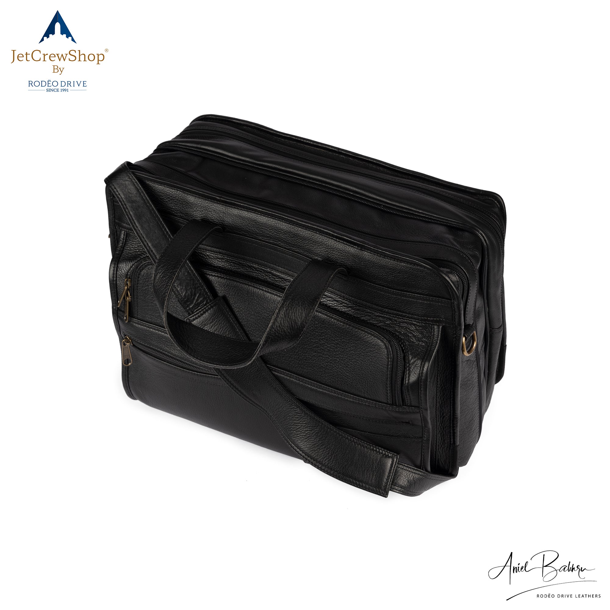 top and front view of PILOT BAG. Multiple compartments are visible.  Ample space. 