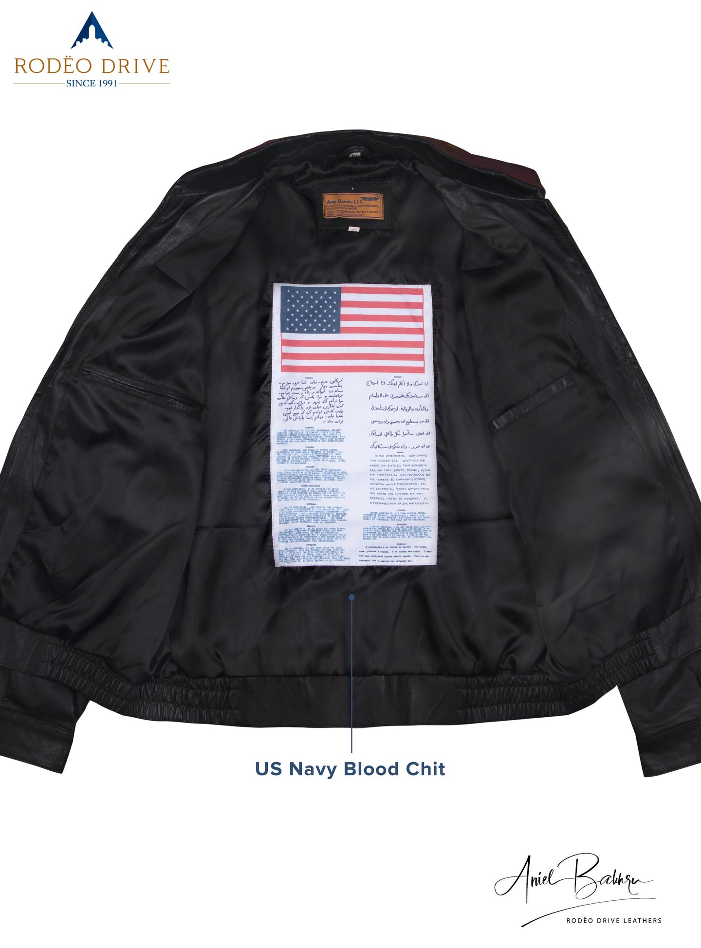 inside image of Bomber jacket. US navy Blood chit is sewed inside.