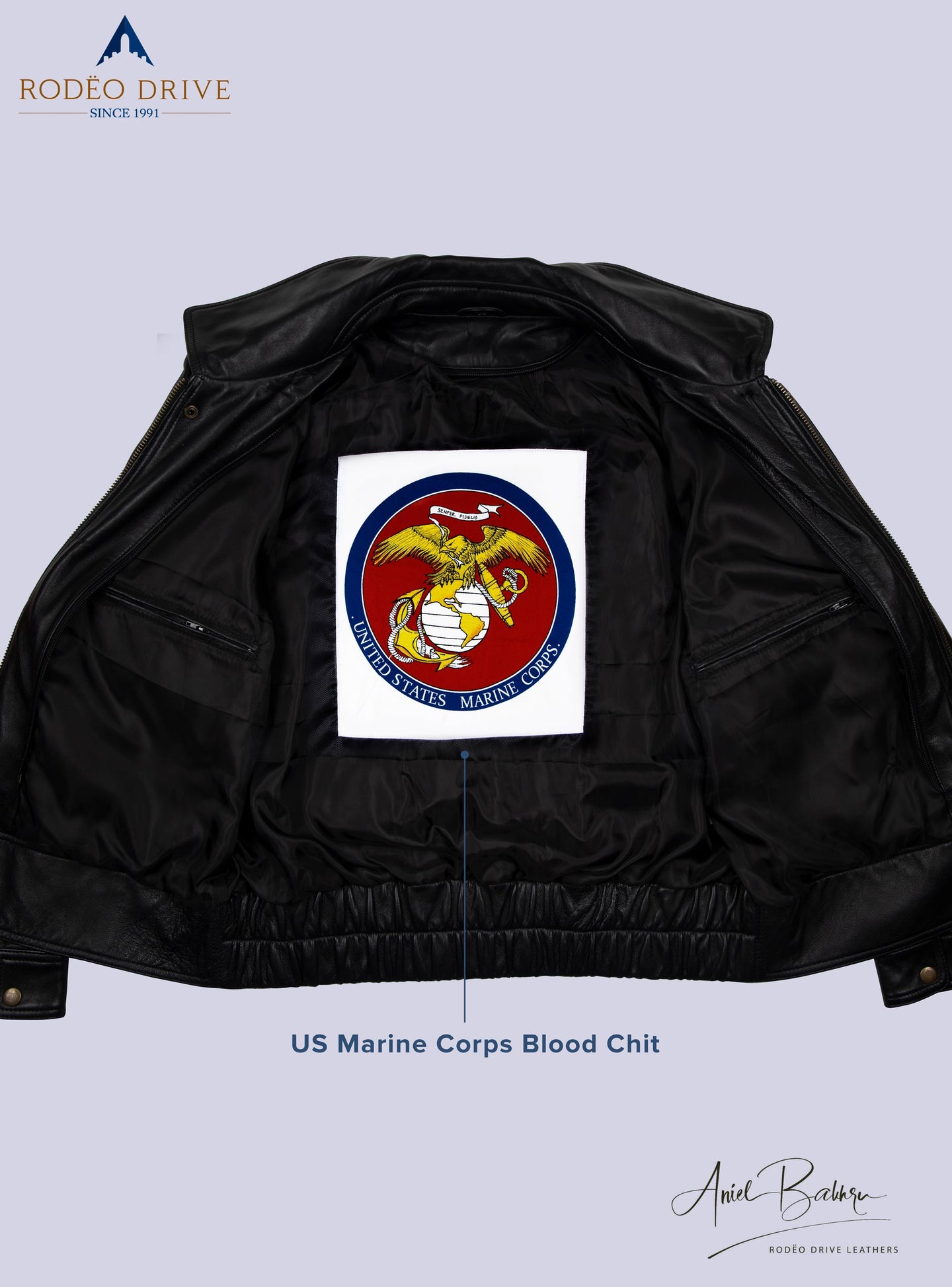 Inside image of CUSTOM UNIFORM LEATHER JACKETS MEN. US Marine Corps Blood chit is sewed inside.