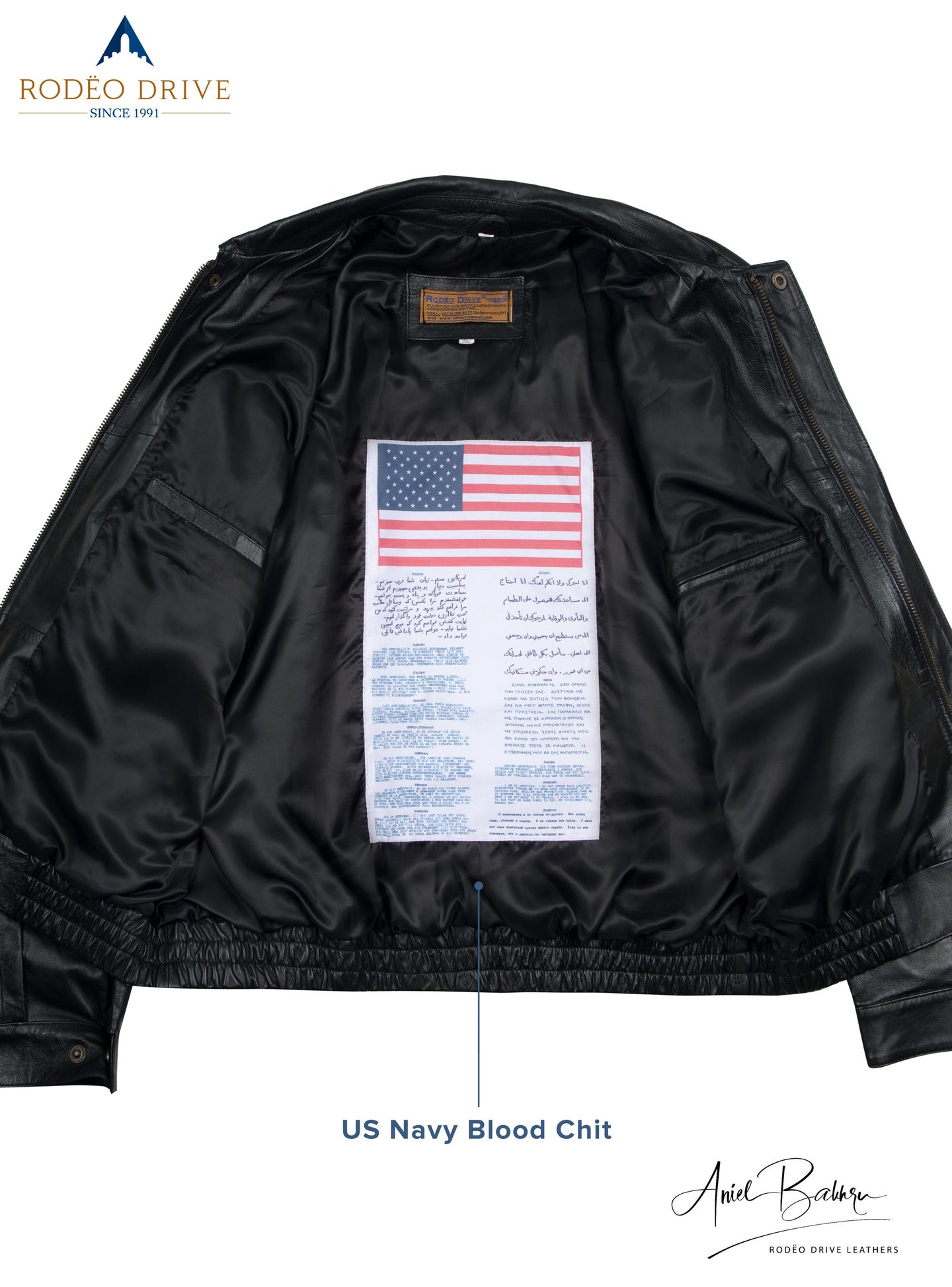 Inside image of ARMY HELICOPTER BOMBER JACKET. a USA flag is sewed inside with a message.