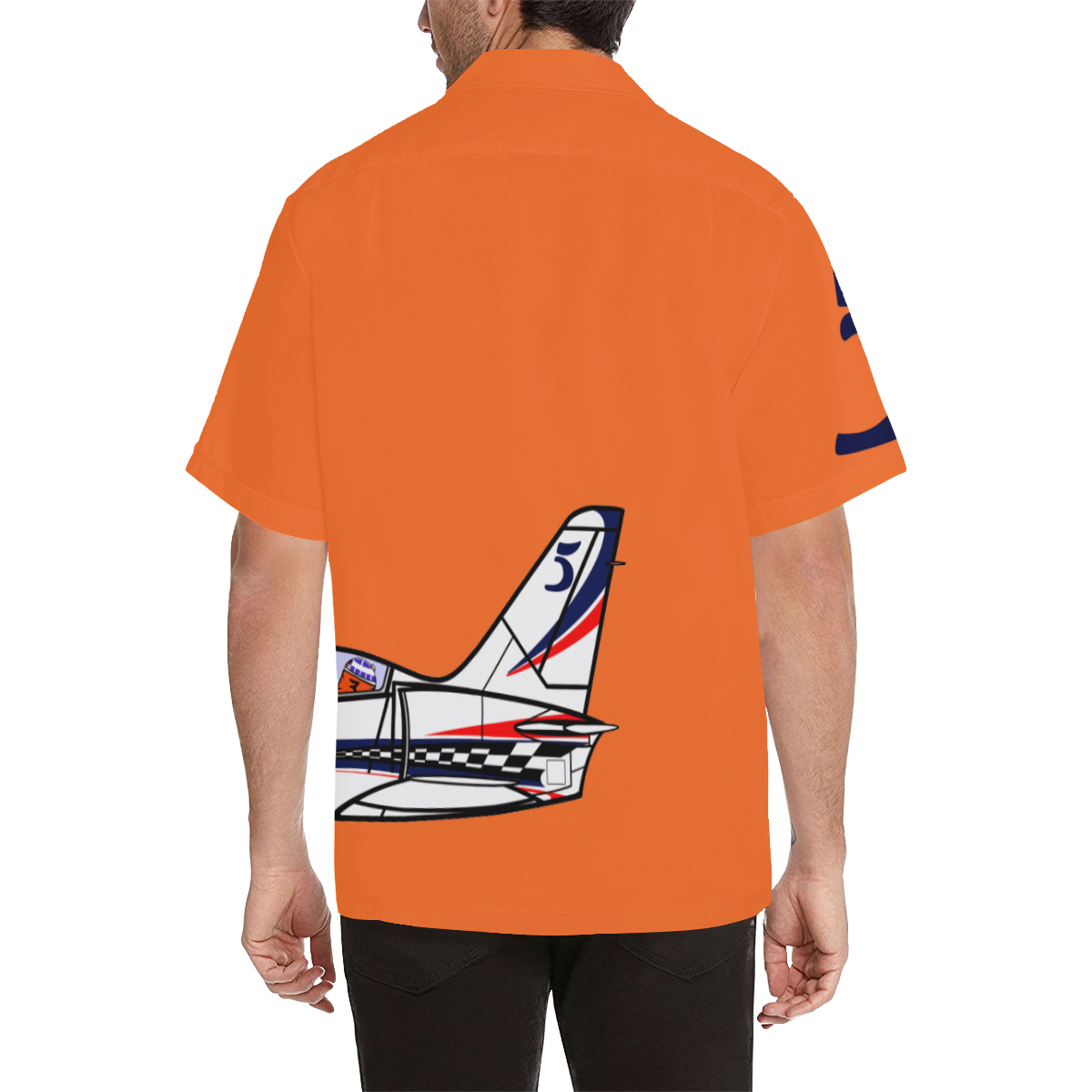 Back side image of Orange HAWAIIAN SHIRT. Plane image is inscribed on orange shirt