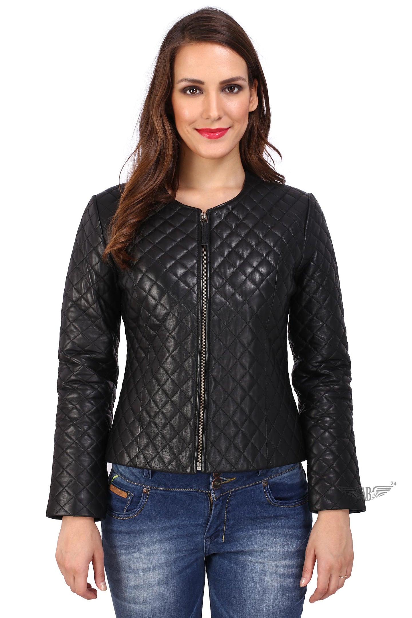 Model posing with zipped up CHANNEL DIAMOND STITCH JACKET