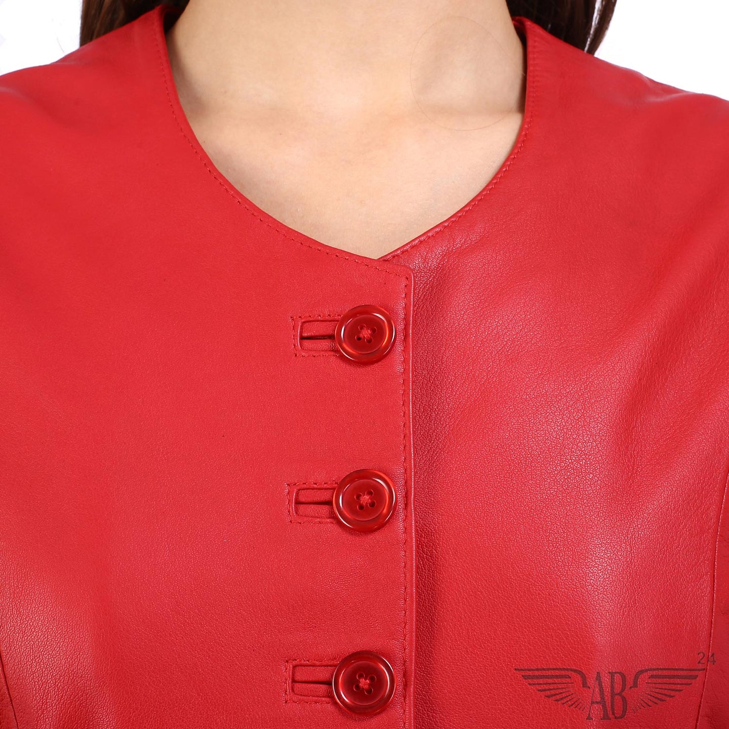 Neck fitting image of red CLASSIC CHANNEL JACKET