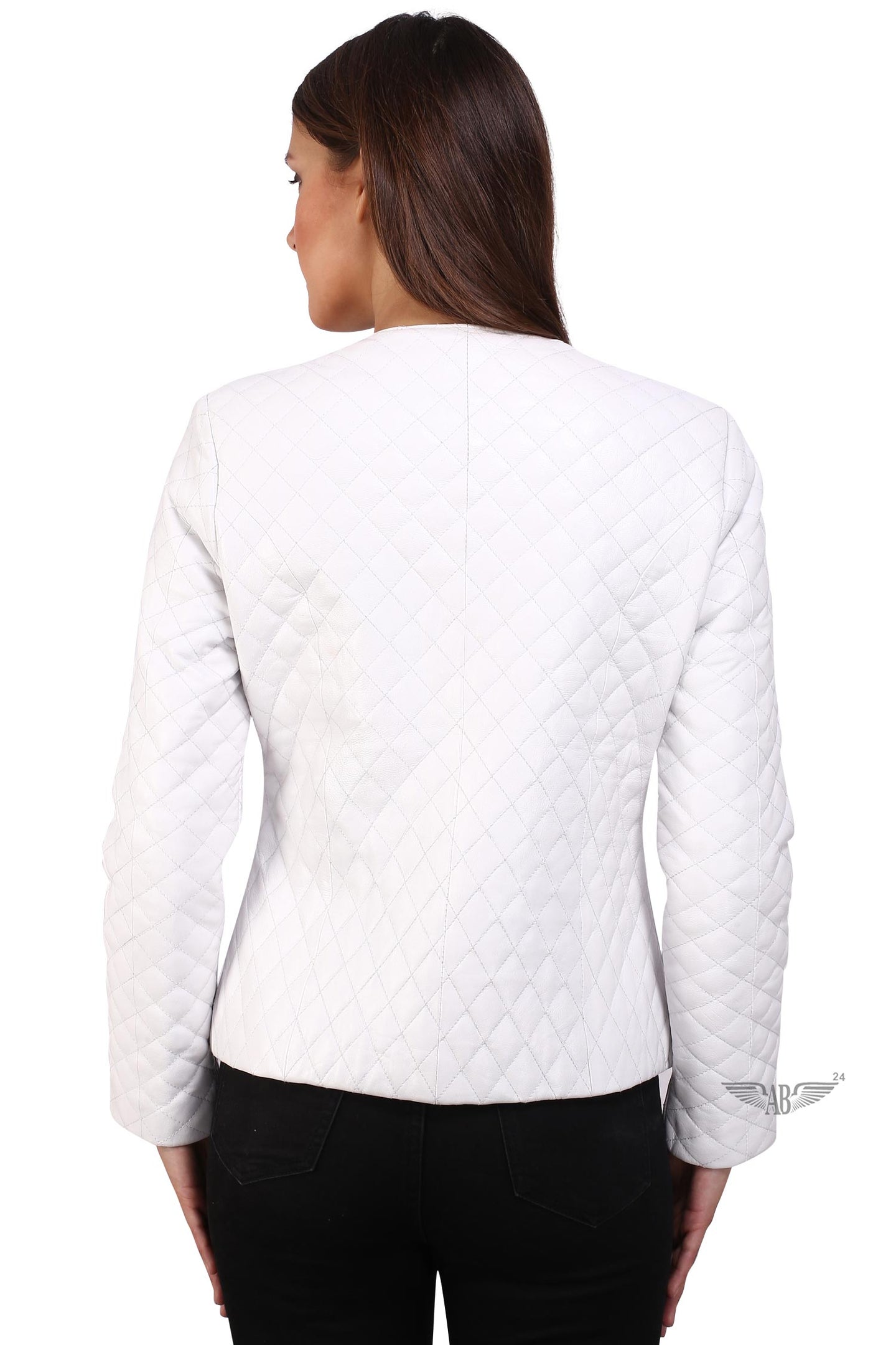 model posing back look wearing our premium CHANNEL DIAMOND STITCH JACKET IN WHITE COLOUR.