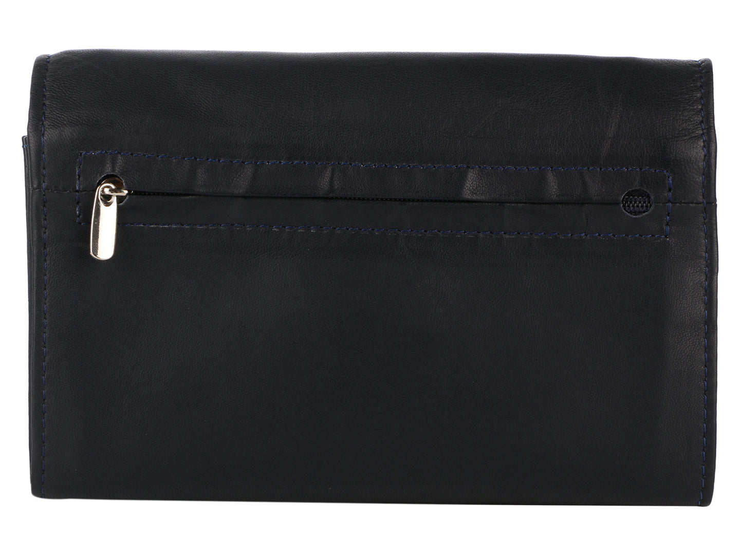 back side image of Black MULTI CURRENCY WALLET, a zip is visible it is zipped. The zip is covered with tailored cover.