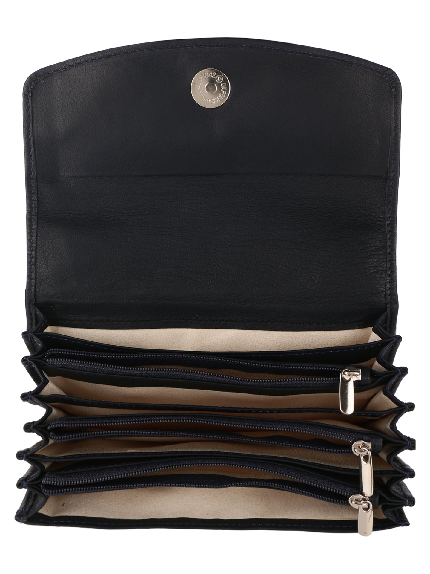 Open inside image of MULTI CURRENCY WALLET. it is showcasing cardion type slots to hold multiple currencies. ample space is available. Idle for travelling