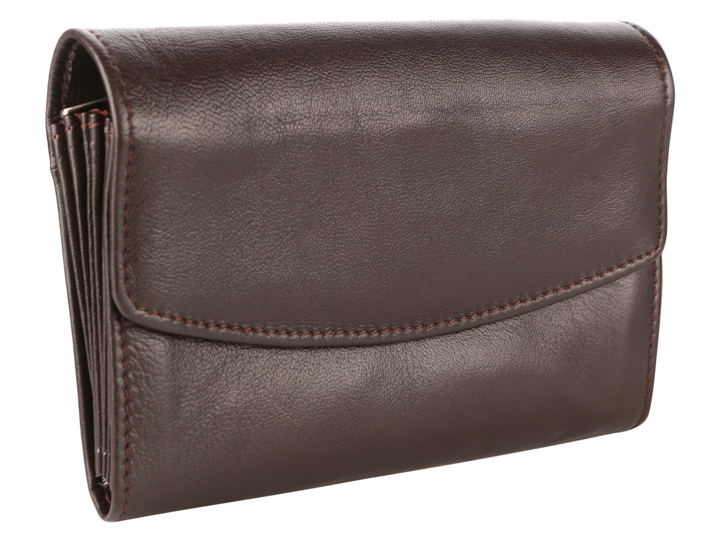 Side angle view of brown Multi-Currency Wallet . The front strap is buttoned