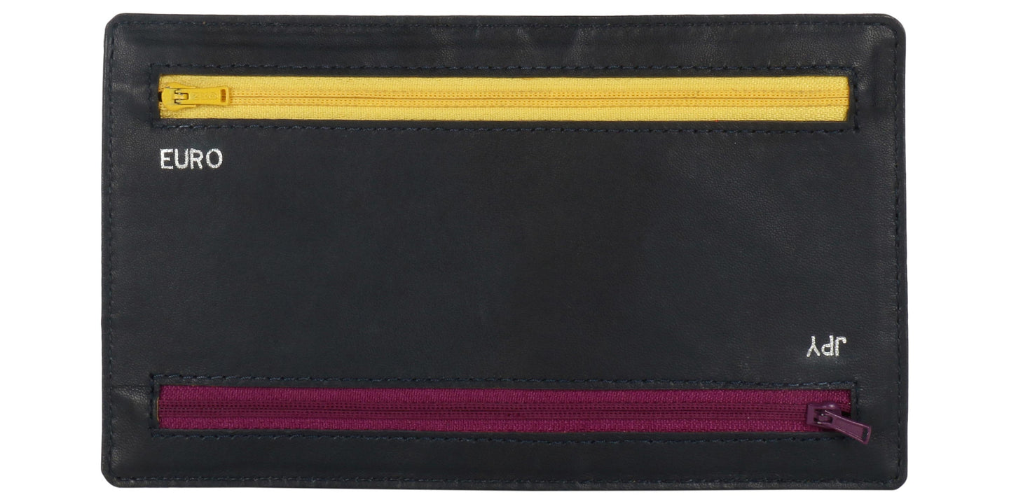 Up side down view of 4 Zip Multi currency wallet. Two Zip Yellow and Red in color visible. Yellow Zip is meant for Euro currency It is positioned on top of wallet. Red zip is meant for JPY currency and positioned at bottom.