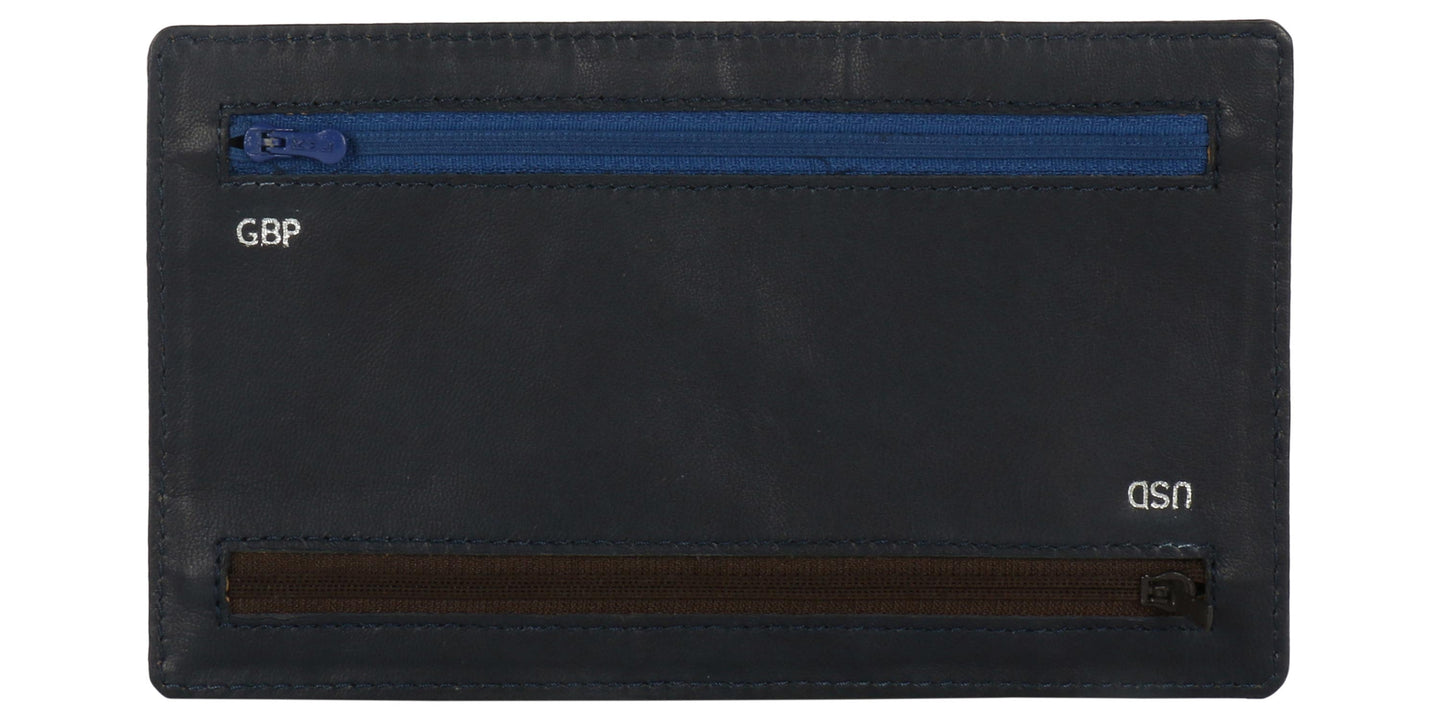 Back side view of 4 Zip Multi currency wallet. Two Zip Blue and Brown in color visible. Blue Zip is meant for GBP currency It is positioned on top of wallet. Brown zip is meant for USD currency and positioned at bottom.