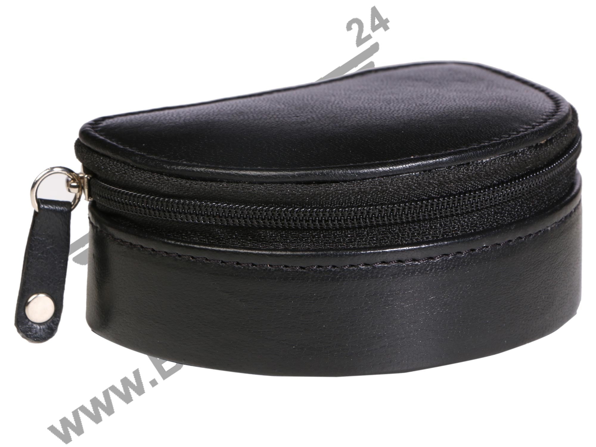 Side view of Black elegant TRAVEL SMALL JEWELERY CASE. It is hemi circle in shape. It is elegant and zipped.