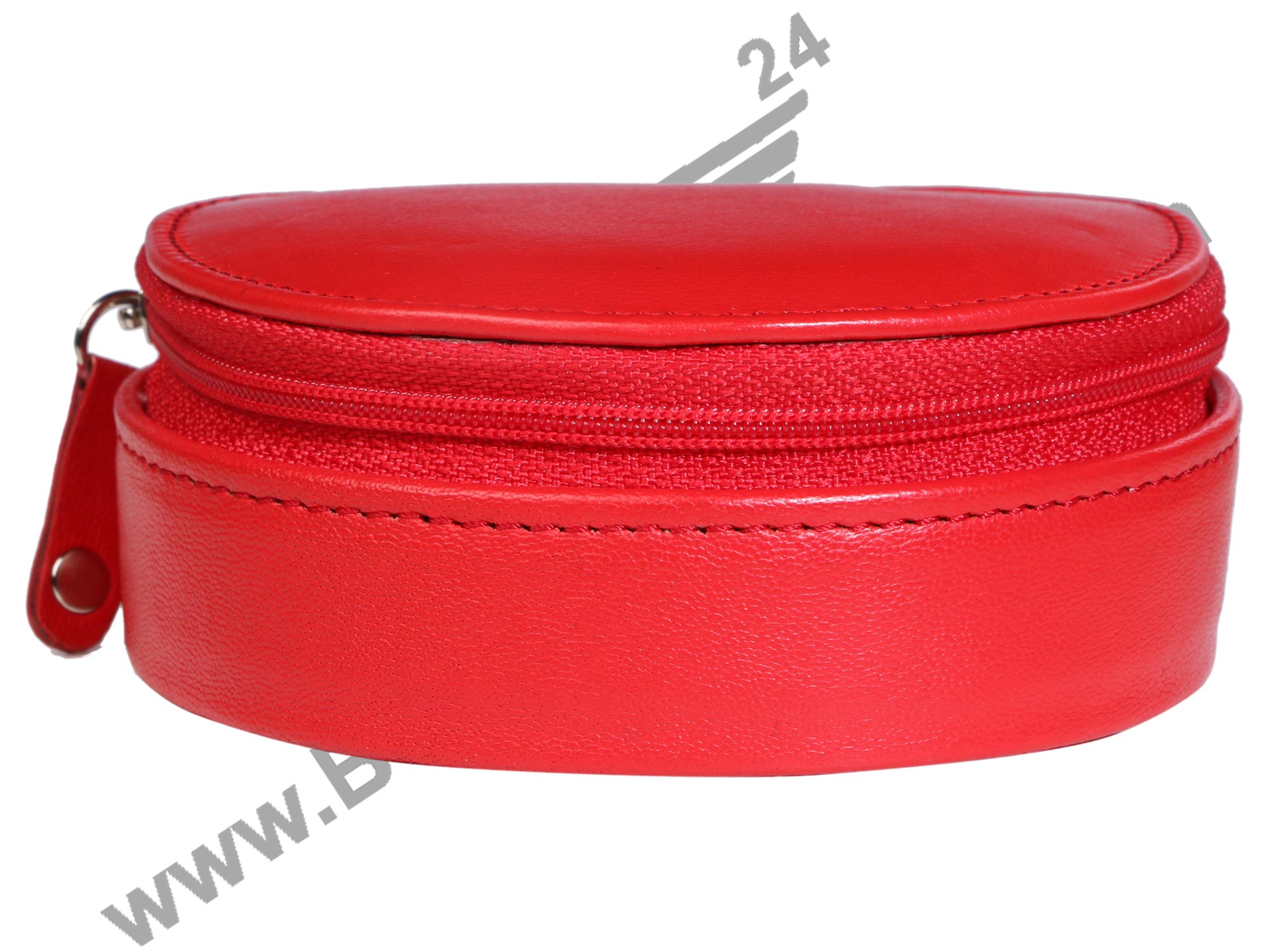 Front view of red TRAVEL SMALL JEWELERY CASE. It is rich red in color and zipped