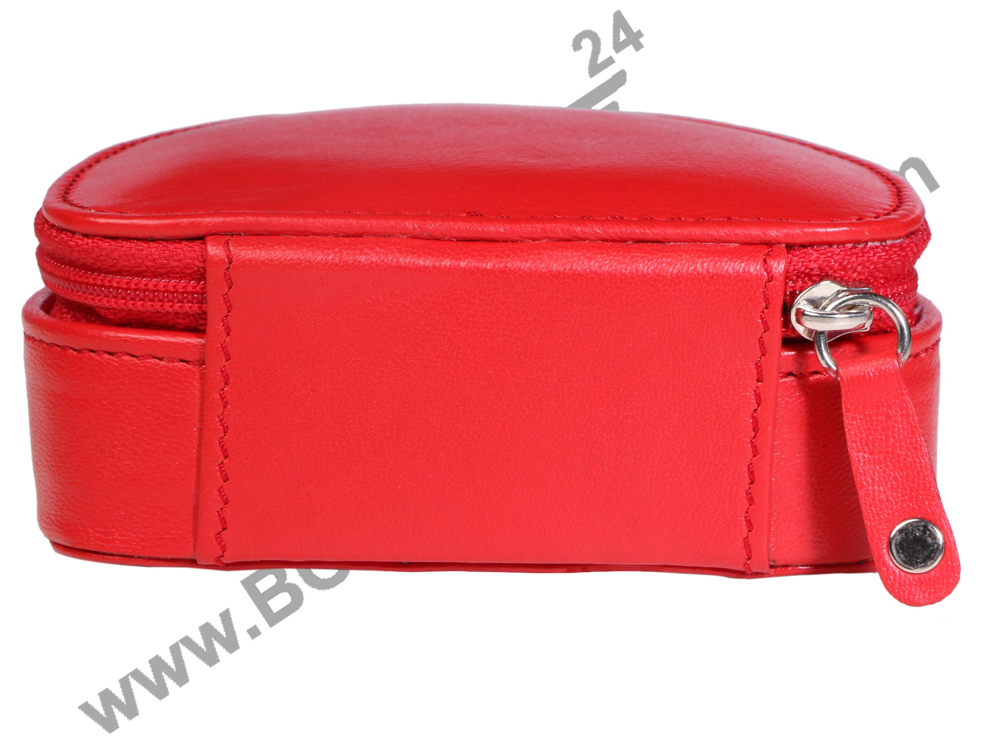 Back side image of red TRAVEL SMALL JEWELERY CASE.  It is zipped