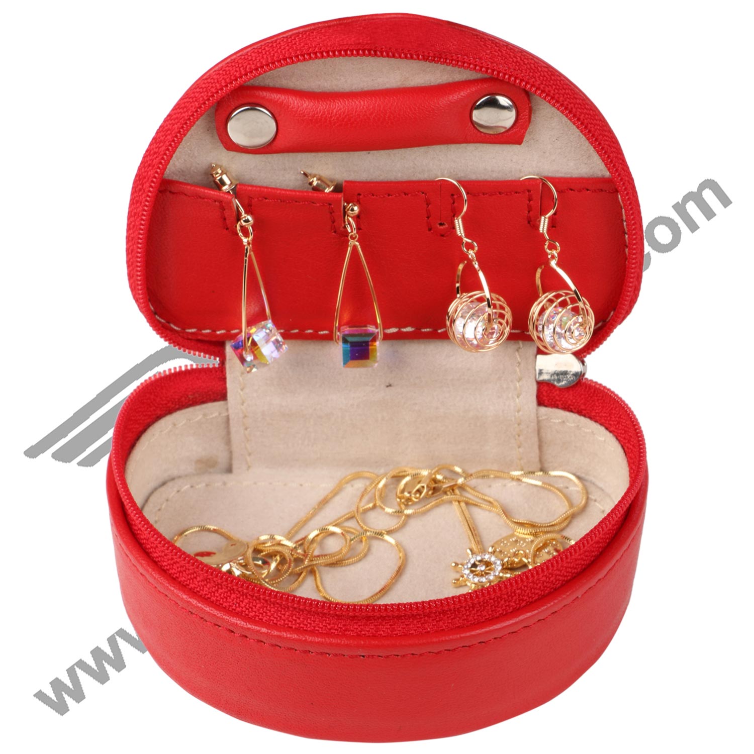 Open inside image of TRAVEL SMALL JEWELERY CASE.  Proper placement of jewelery depicted. Spacious and strudy