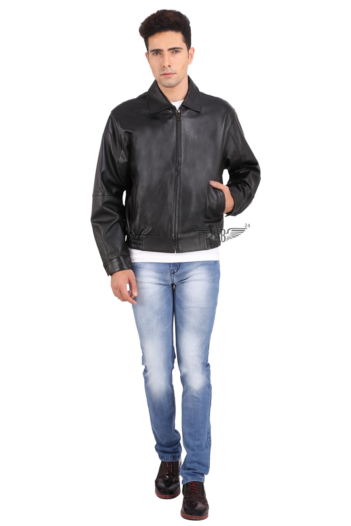 model posing for PILOT BBOMBER JACKET. He has tucked his one hand inside slit pocket Jacket is zipped