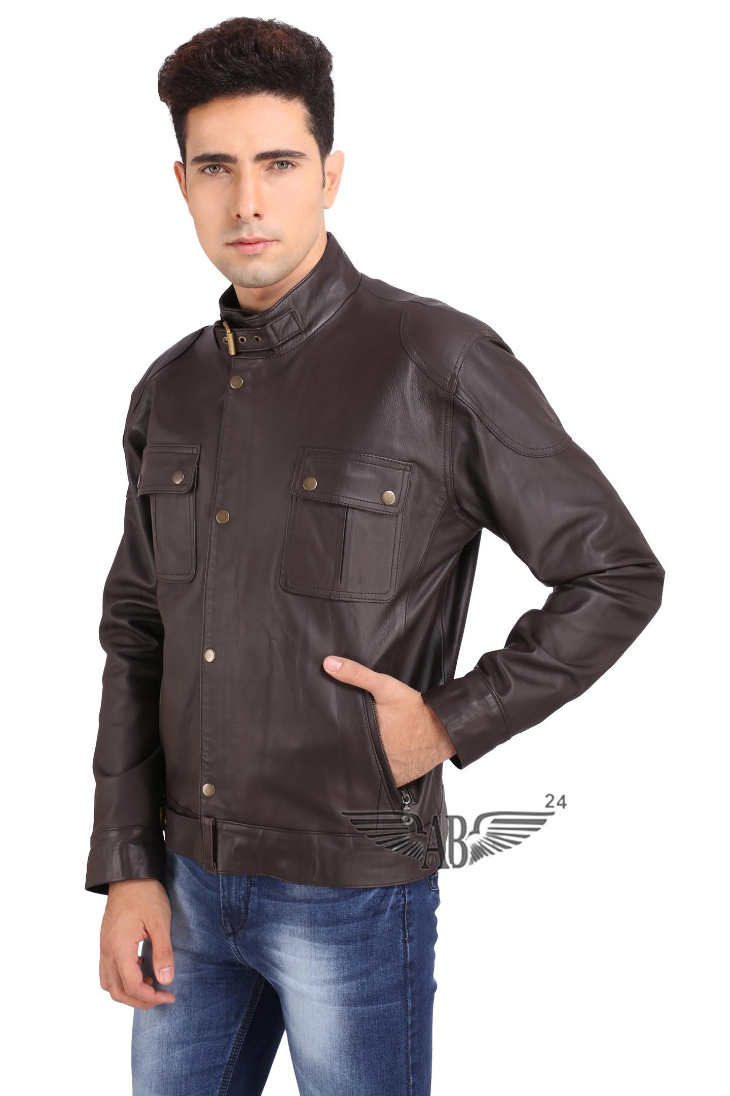 A model wearing BELSTAF BIKER FASHION JACKET MENS. He has tucked his one hand inside slit pocket.