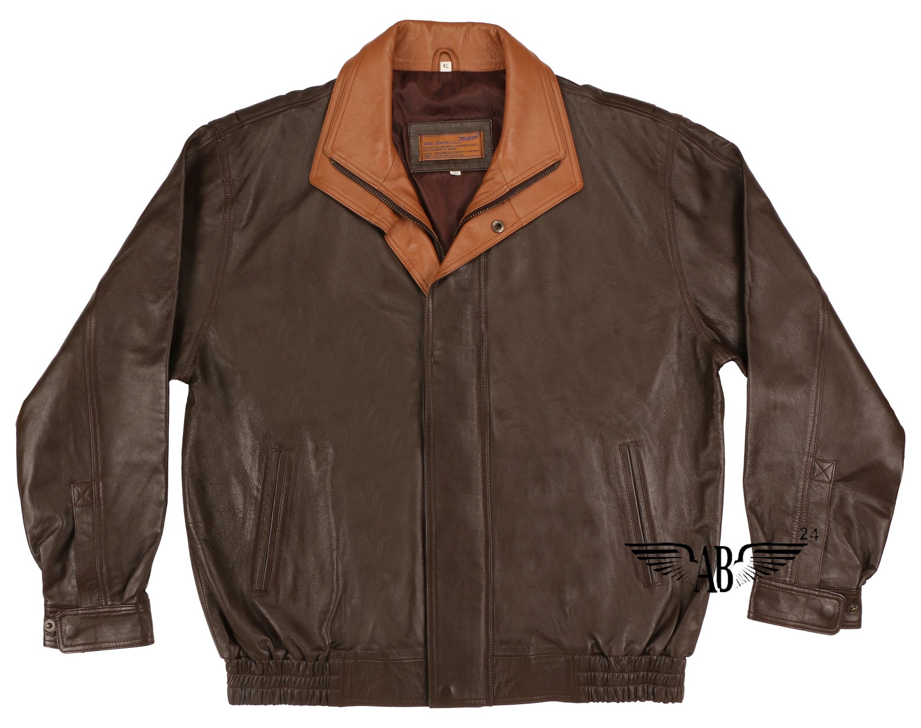 Complete front view of 2 Color Bomber Jacket.  Two side slit pockets visible.