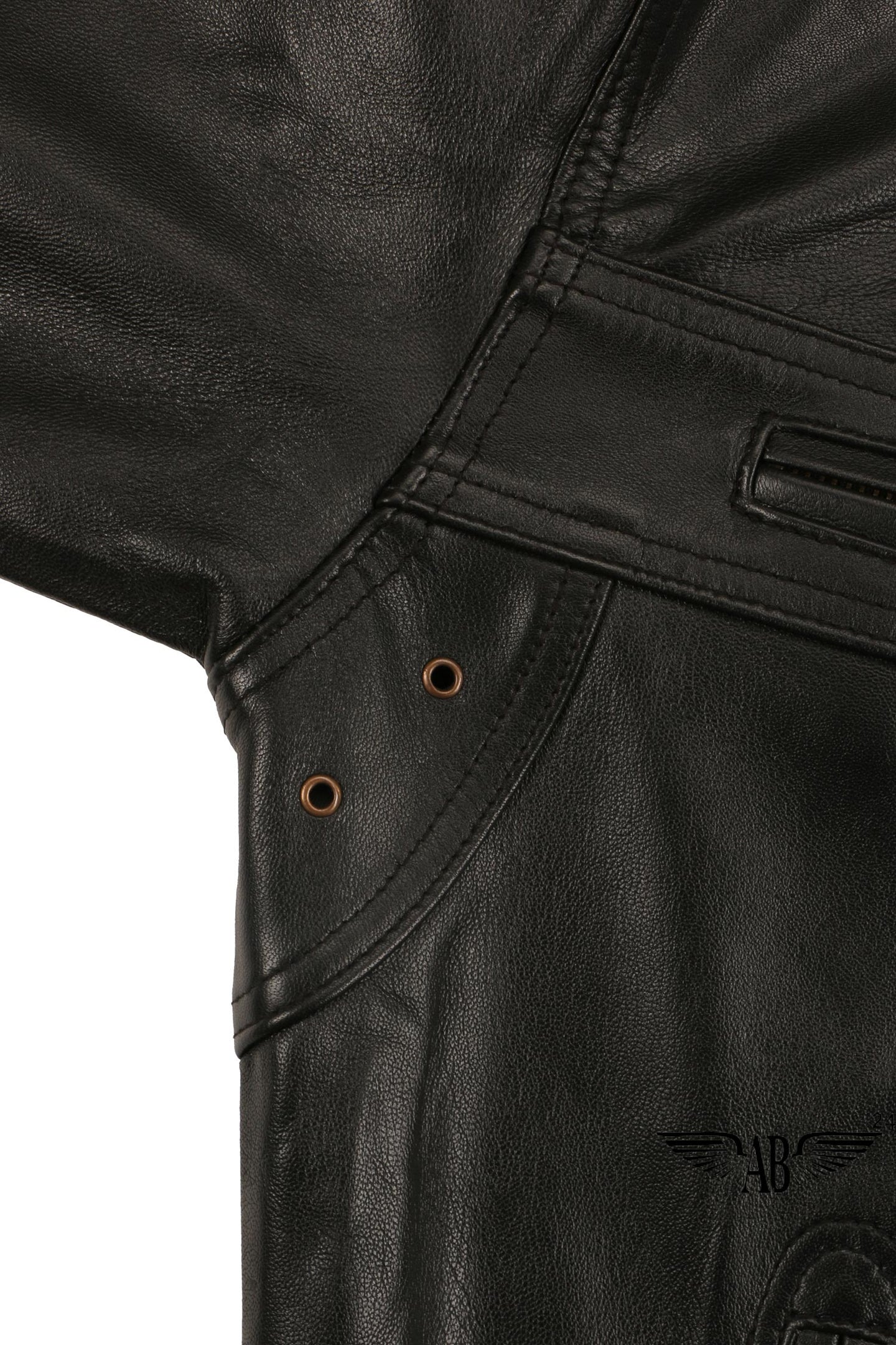 Arm pits of Bomber jacket displayed. It has two tiny openings, making jacket breathable.