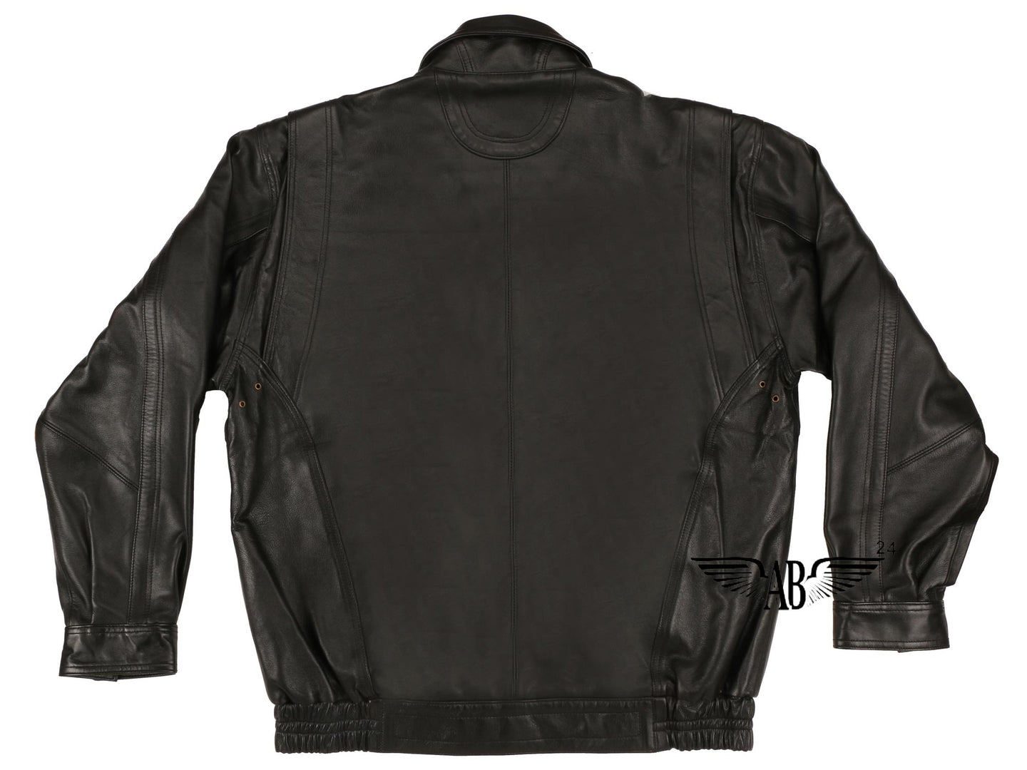 Back side of bomber jacket displayed. It is full sleeve and has tidy finishing.