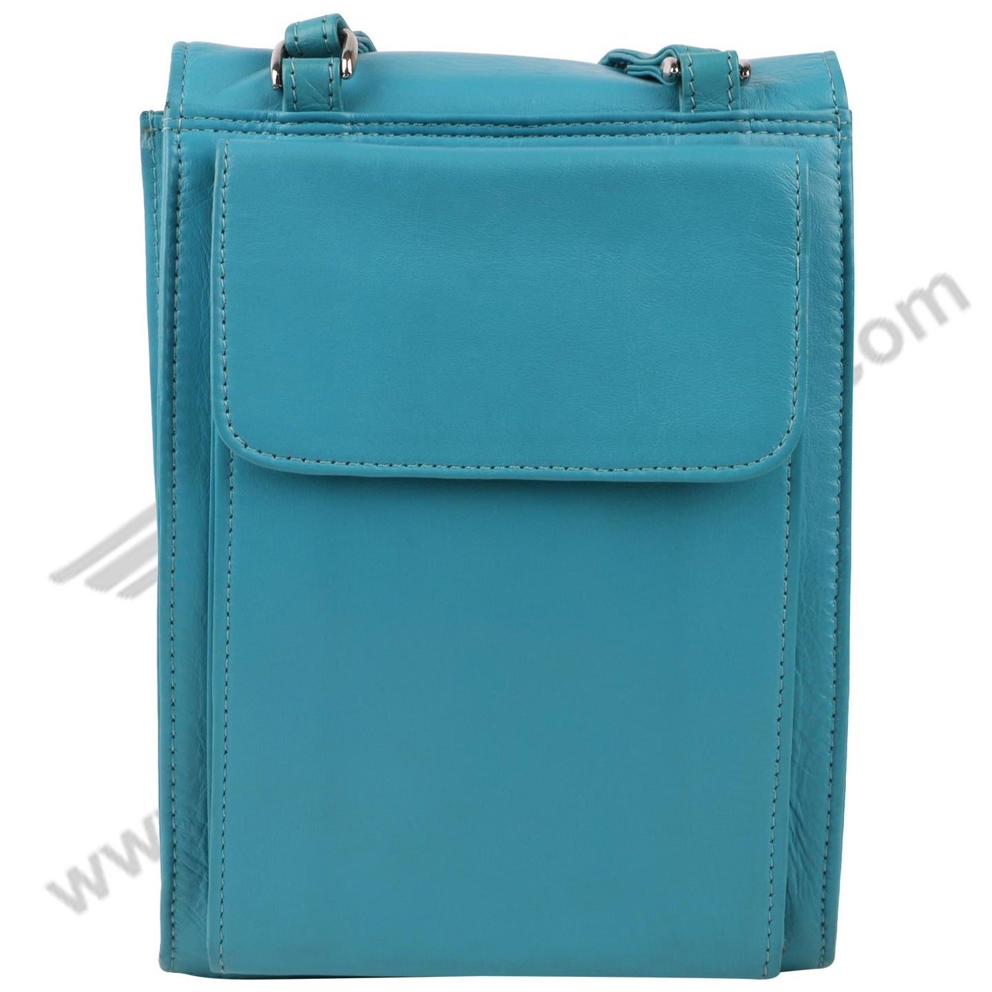 Front image of blue color MULTI POCKET CROSS BODY HAND BAG. Front flap is closed