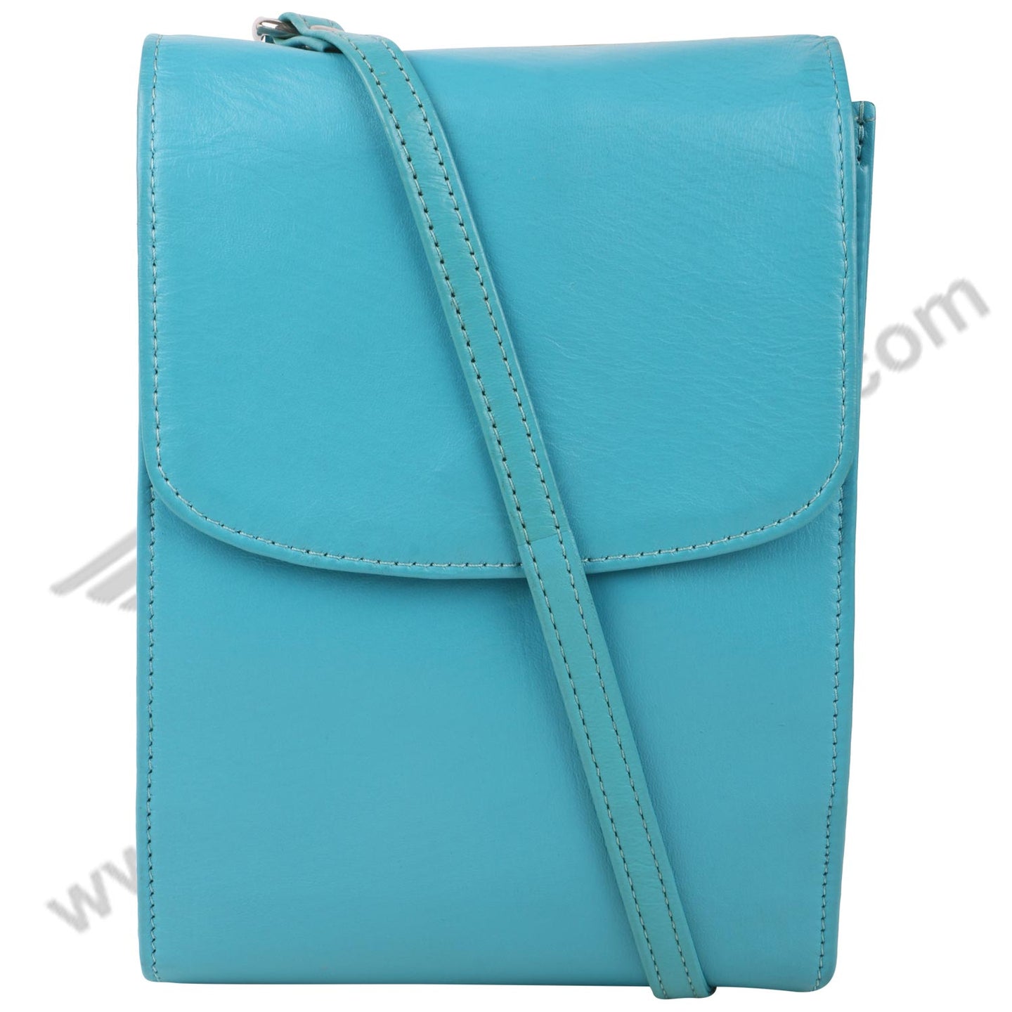 Close image of blue MULTI POCKET CROSS BODY HAND BAG. Sling is wrapped around the bag