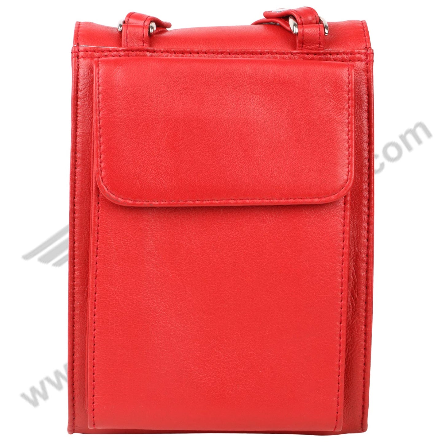 Front image of red CROSS BODY HAND BAG. the front flap is closed