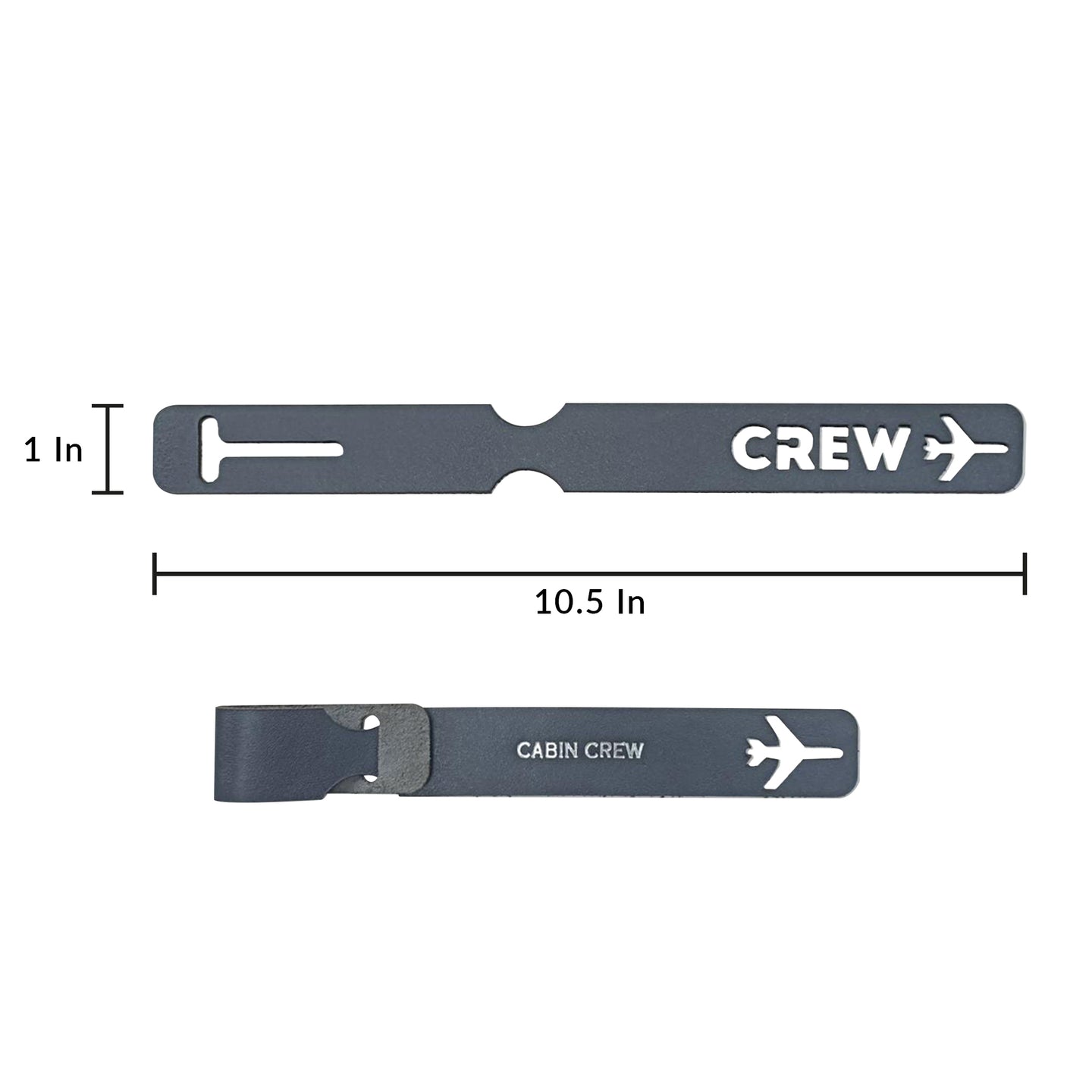 navy blue laser -cut crew bag tag with dimensions