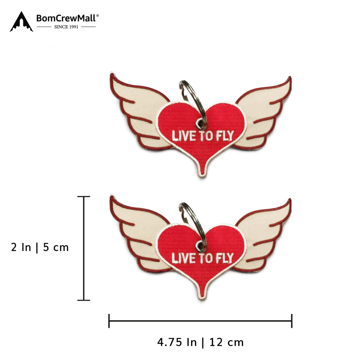 Live to fly embroidery bag tag with dimensions