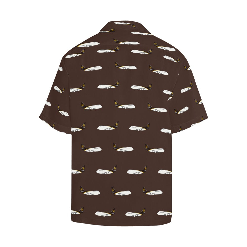 Back side image of 747 -8 Brown UPS Hawaiian shirt. Short sleeves and notch lapel collar is visible. Stylish uniform in warmer climates.