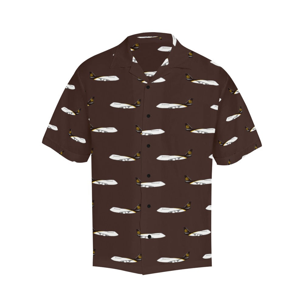 Front side image of 747 -8 Brown UPS Hawaiian shirt. Short sleeves and notch lapel collar is visible. Stylish uniform in warmer climates.