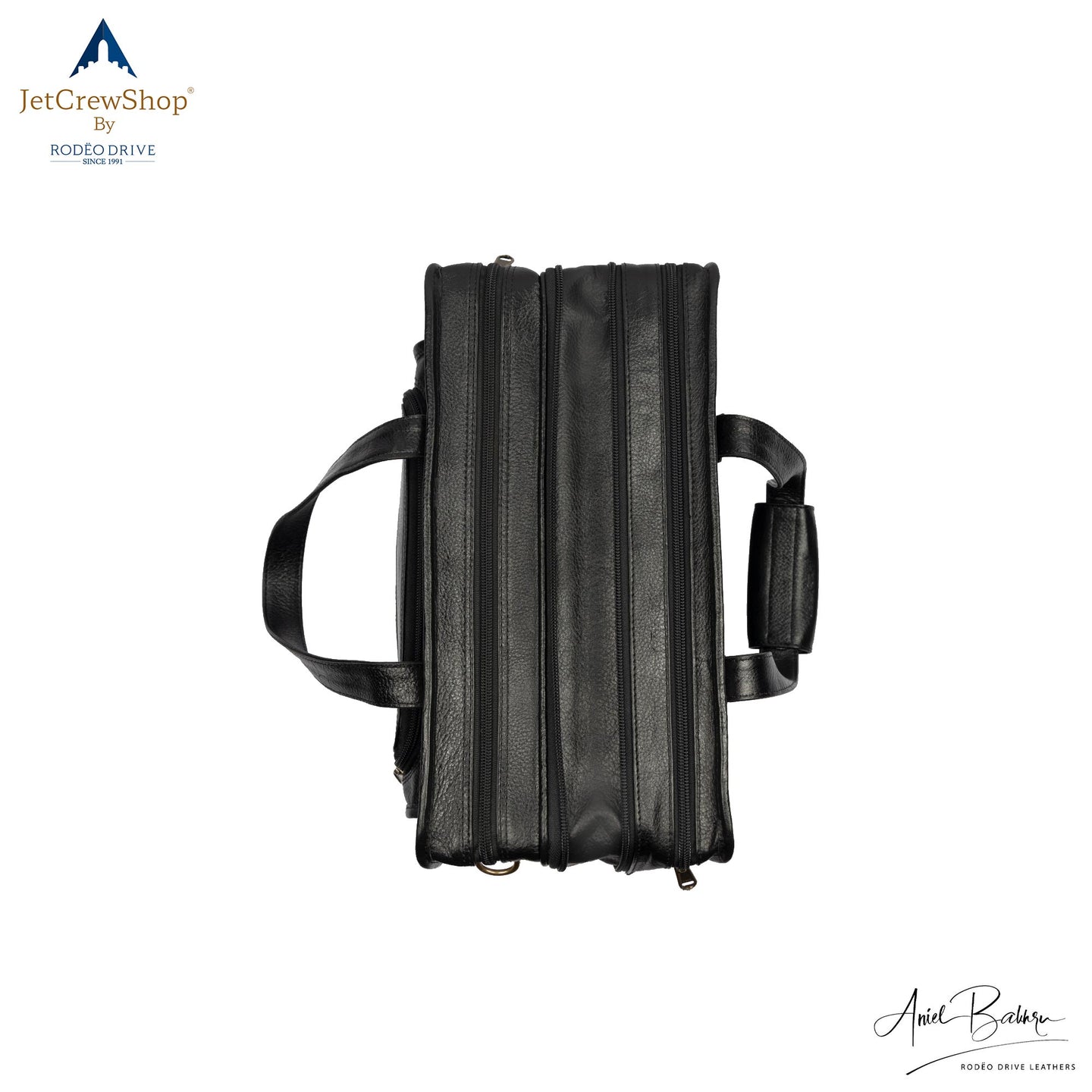 CLOSED ZIP UPPER VIEW OF BLACK LEATHER BAG