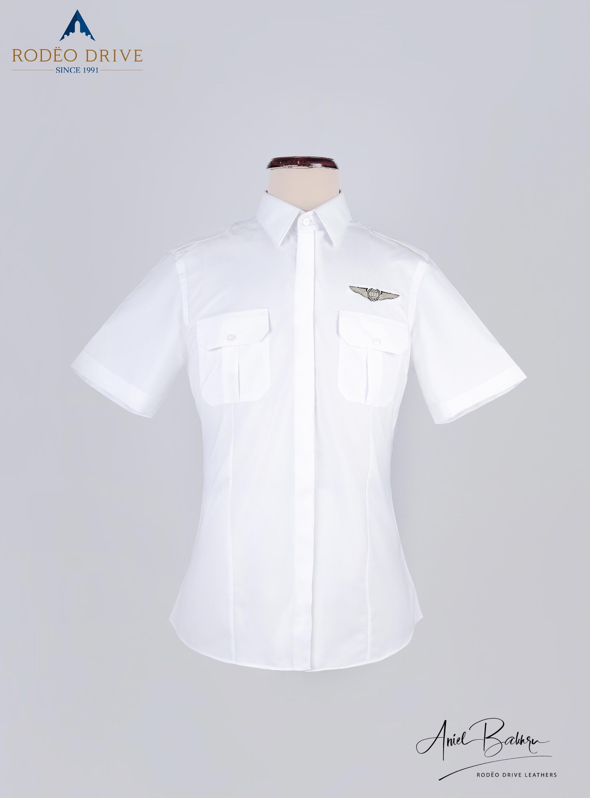 Front image of Custom female Pilot shirt displayed on a mannequin