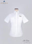 Front image of white Standard Women's Pilot shirt. It is displayed on a mannequin