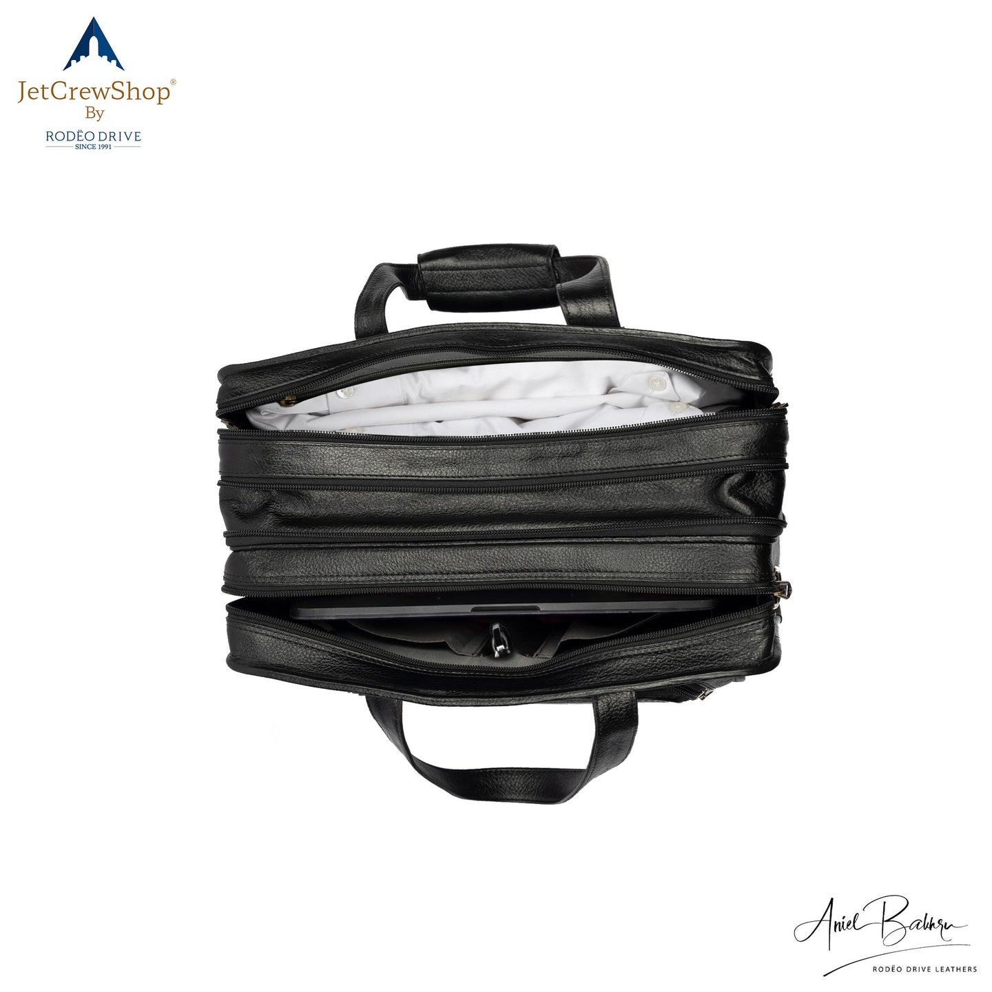 UPPER VIEW OF BLACK LEATHER BAG